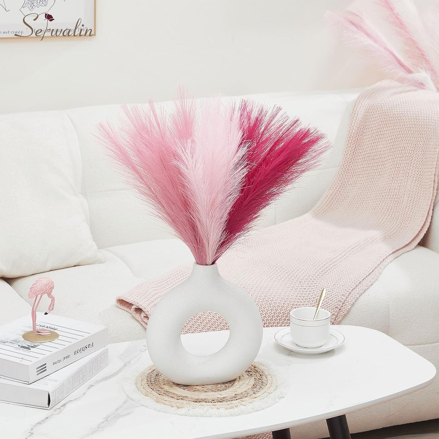 Artificial Pampas Grass / A Abby Hot Pink & Blush & Pink / 17 Inch / 17.7 Inch / Set of 6
