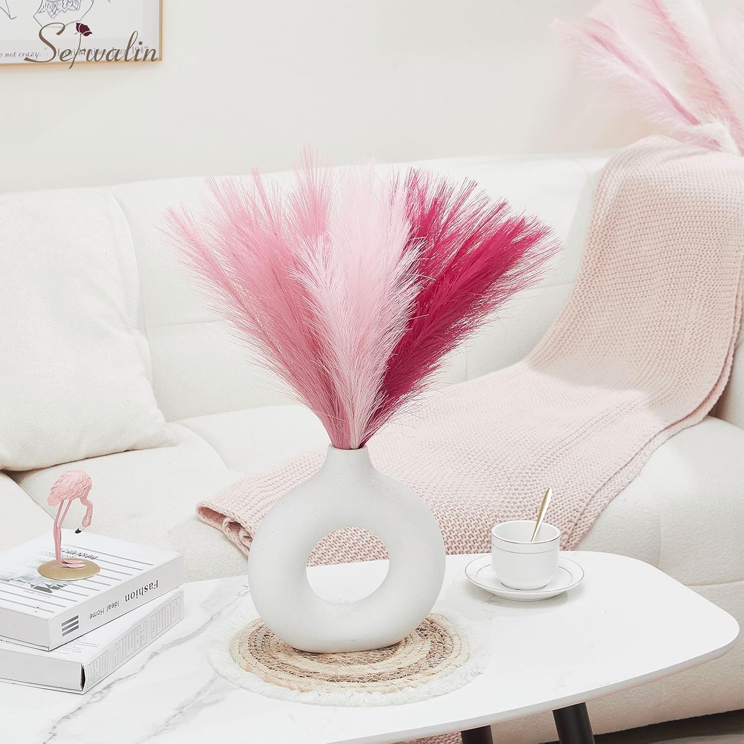 Artificial Pampas Grass / A Abby Hot Pink & Blush & Pink / 17 Inch / 17.7 Inch / Set of 6
