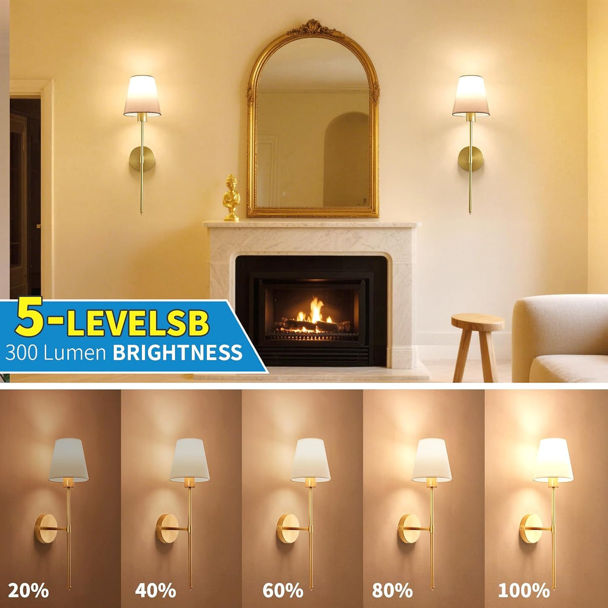 Battery Operated Wall Sconce Set of 2, Gold Rechargeable Wireless Wall Lights with Remote - Dimmable RGB LED Bulbs, 13