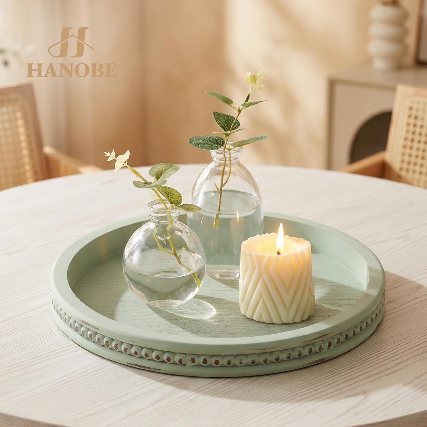 Wooden Candle Plate Holder / 11.8 / Sage Green