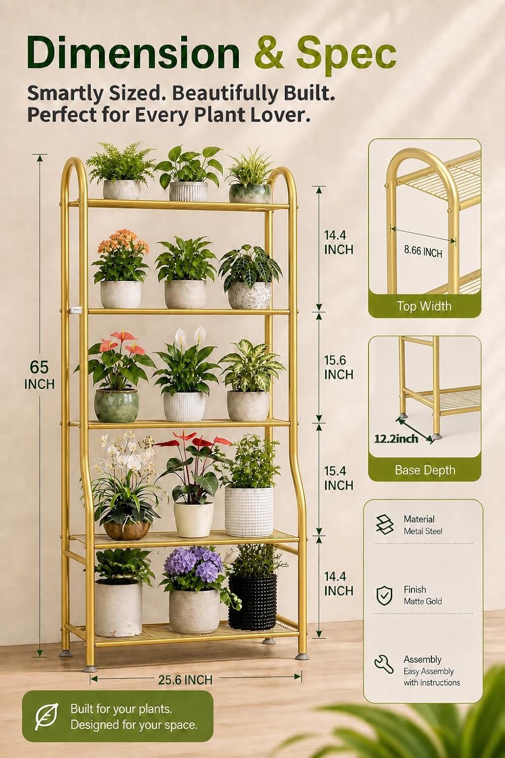 5-Tier Metal Plant Stand - Heavy Duty Indoor Outdoor Flower Shelf for Multiple Pots, 65" Tall Vertical Holder with