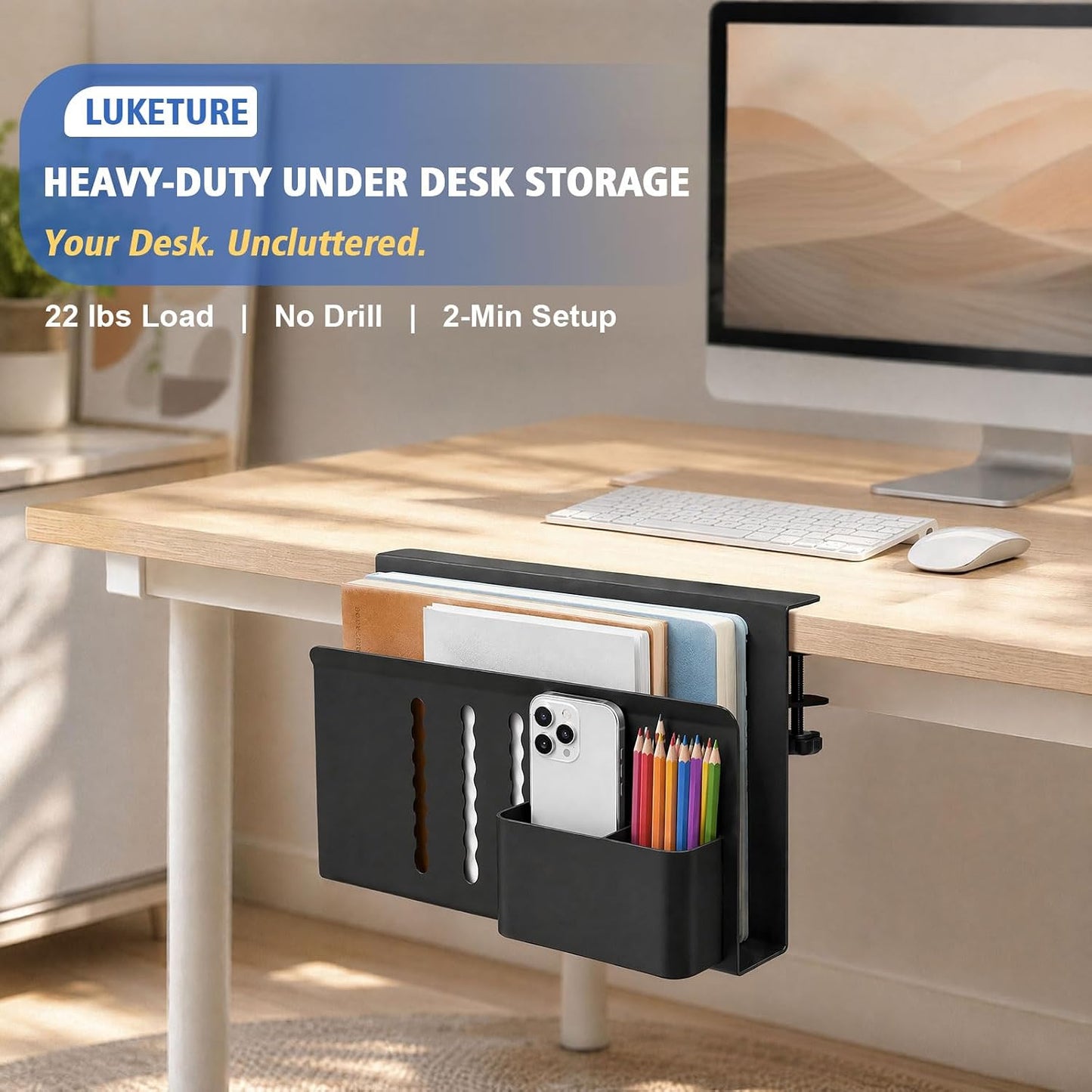 LUKETURE Desk Side Storage Laptop Holder No Drill Clamp On Organizer | Steel Side Desk Organizer, Clamp on Laptop Mount