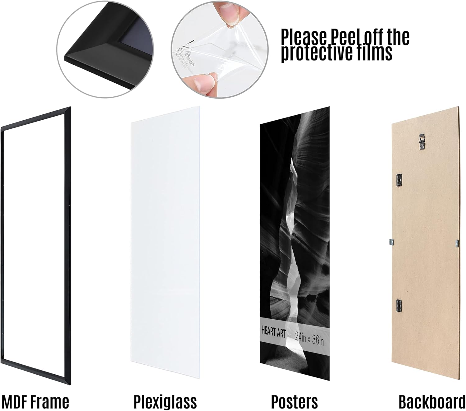 HEART ART 24x36 Poster Frames Without Mat Set of 4, Black | wall picture display 24 x 36 Poster Frames