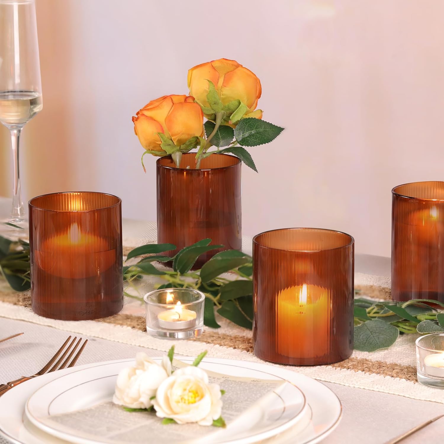 Glass Cylinder Vases for Centerpieces / 4in / Amber / Set of 6