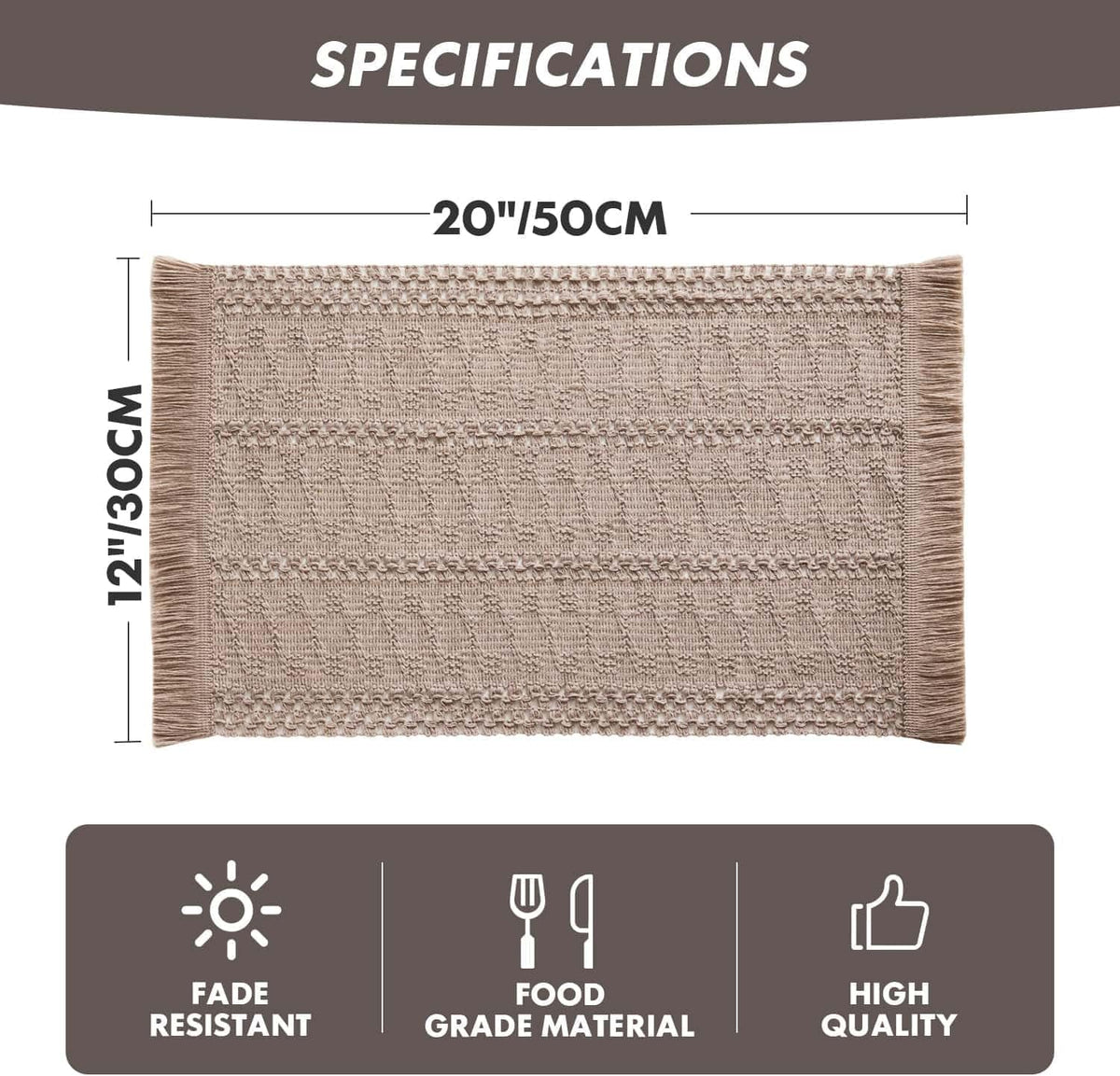 Macrame Style Boho Placemats Set of 6, Taupe 12x20 Inch | Decorative Farmhouse Table Mats, Natural Cotton Woven Place
