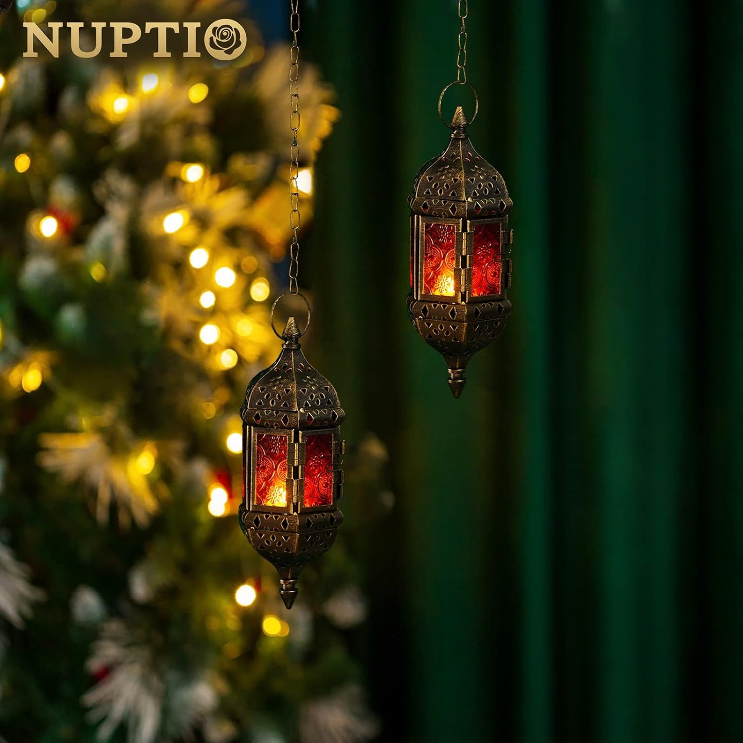 2 Pcs Hanging Hexagon Decorative Moroccan Candle Lantern Holders, Handmade Hanging Tea Light Holder in Bronze Metal &