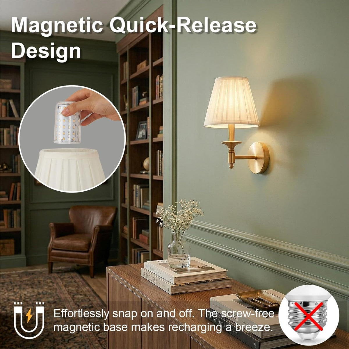 Battery Operated Wall Sconce Set of 2, Gold Wireless Wall Lights with 3 CCT Color Temperature & Dimmable Magnetic Bulb