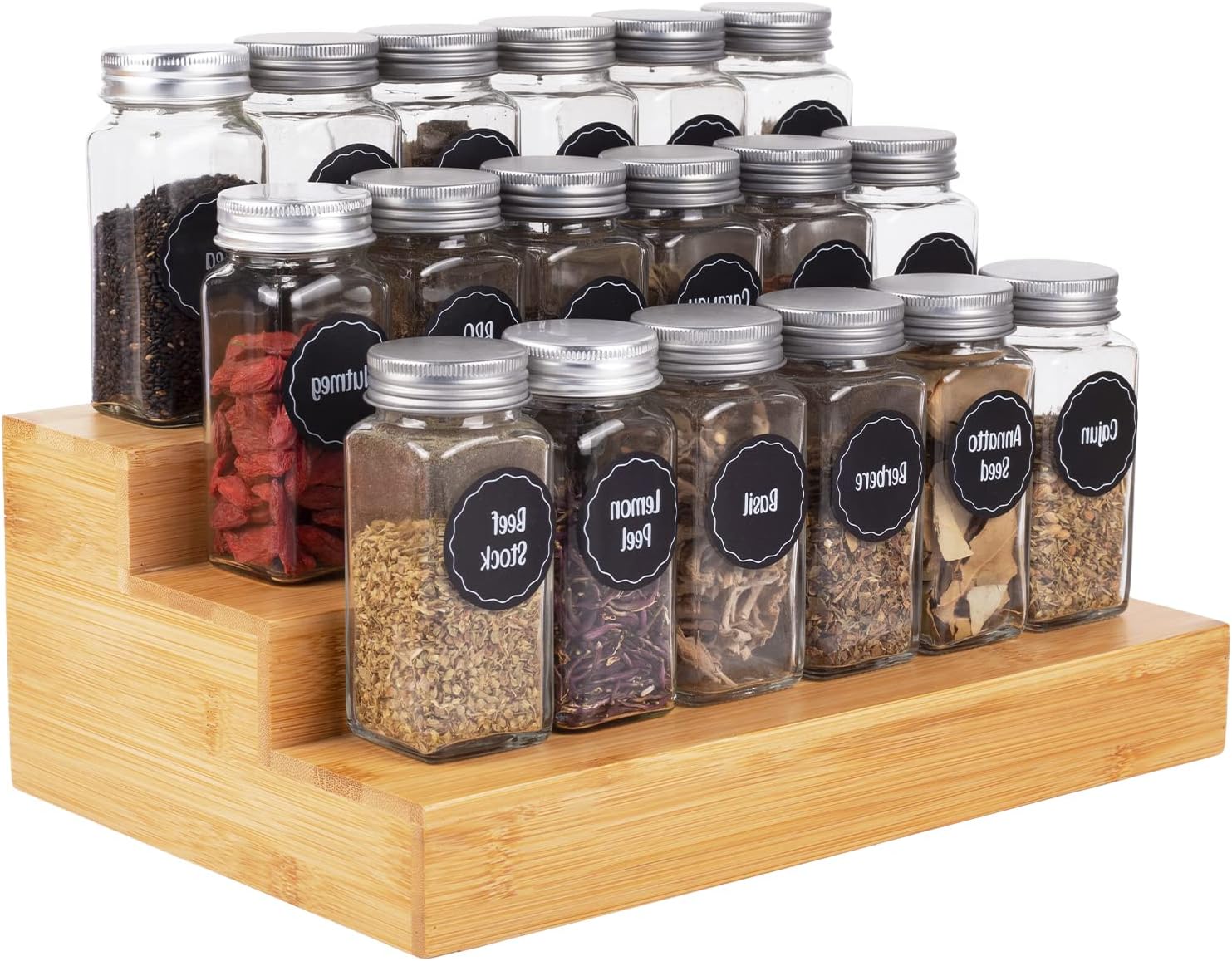 Bamboo Spice Rack Organizer for Cabinet 2 Pack - 3 Tier Countertop Step Shelf, Seasoning Storage Stand for Kitchen