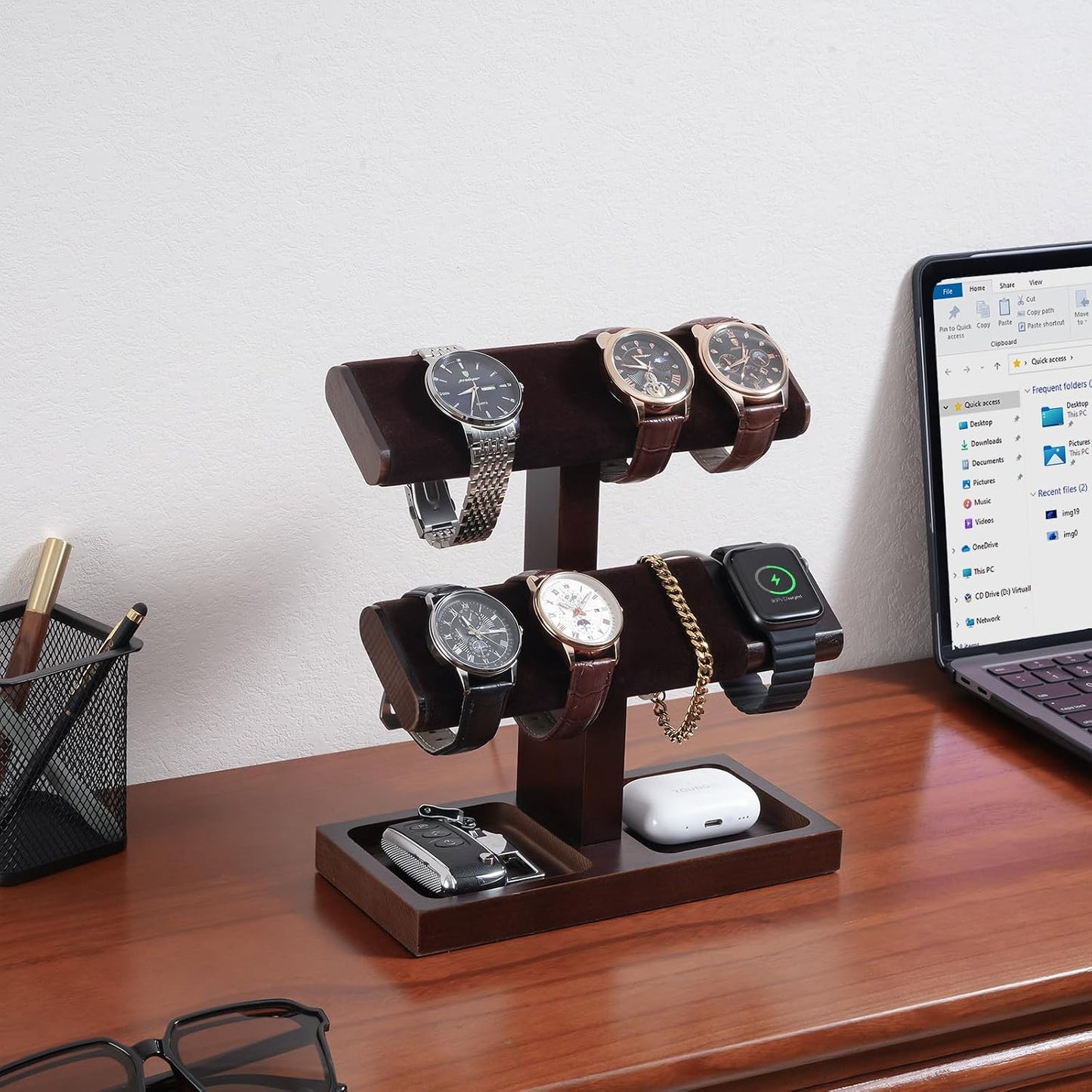 ProCase Wood Watch Display Stand Holder for Men, Wristwatch Tower with T-Bar Design, Hanging Watch Rack, Wooden Wrist