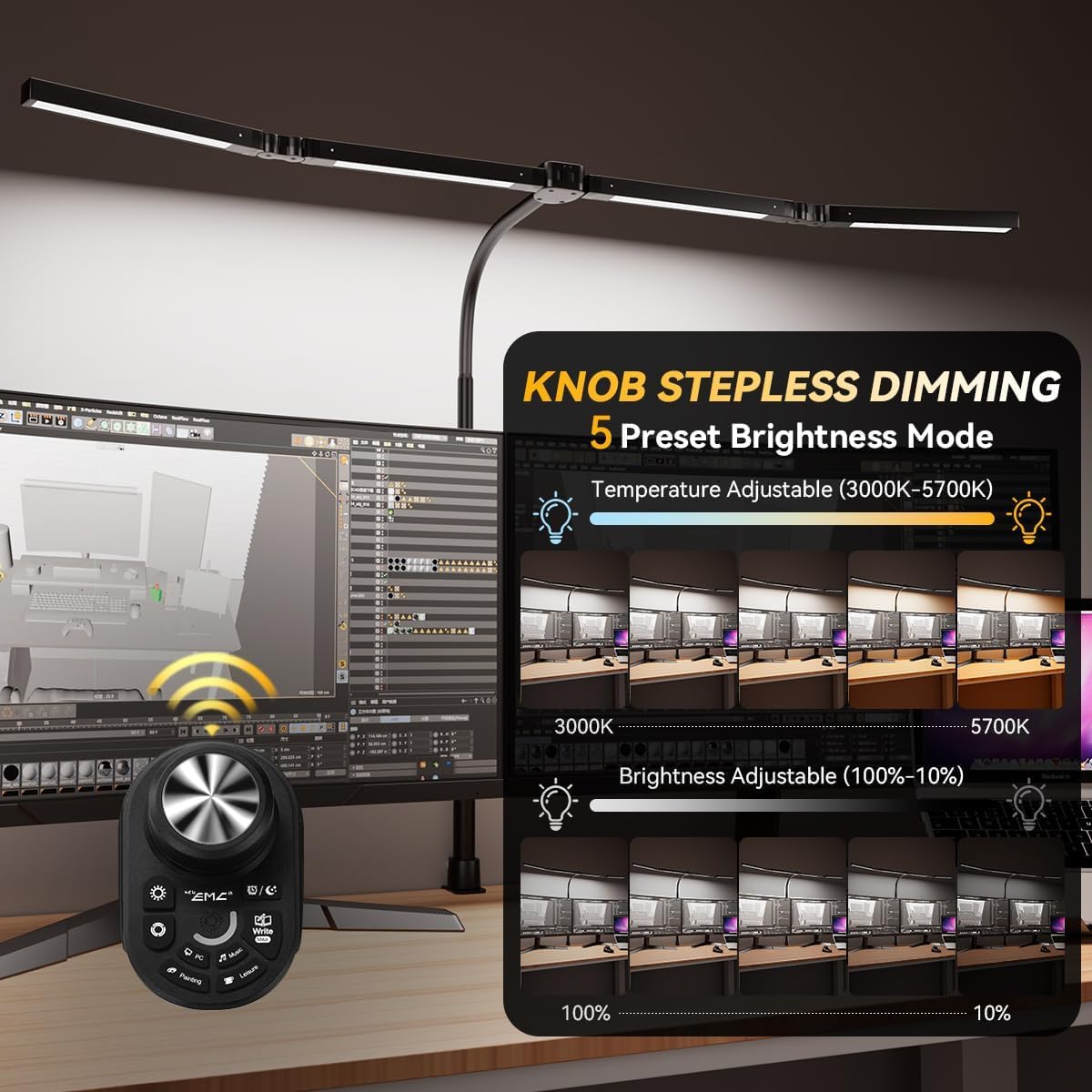 Adjustable LED Desk Lamp with Clamp, 4-Head Eye-Caring CRI95+ Desk Light, Stepless Dimming & Color Temp Remote Control