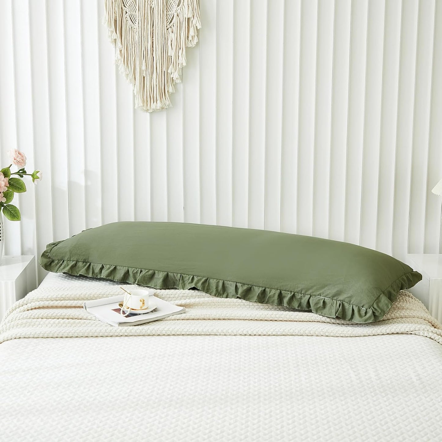 Shabby Chic Pillow Cover / Body / Olive Green / 20 x 54