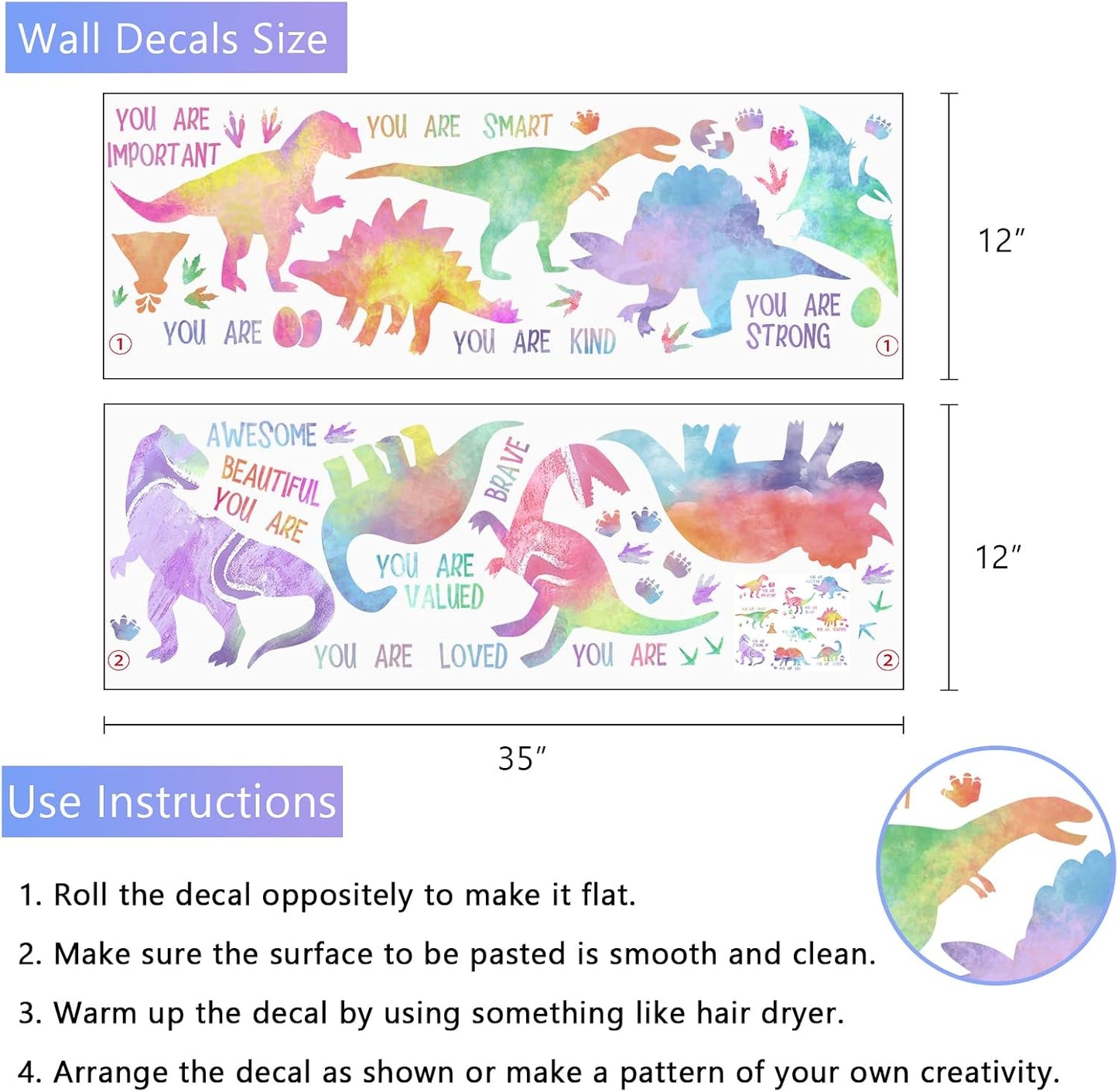 Inspirational Pastel Gradient Dinosaur Wall Decals Stickers / Colorful Dinosaur