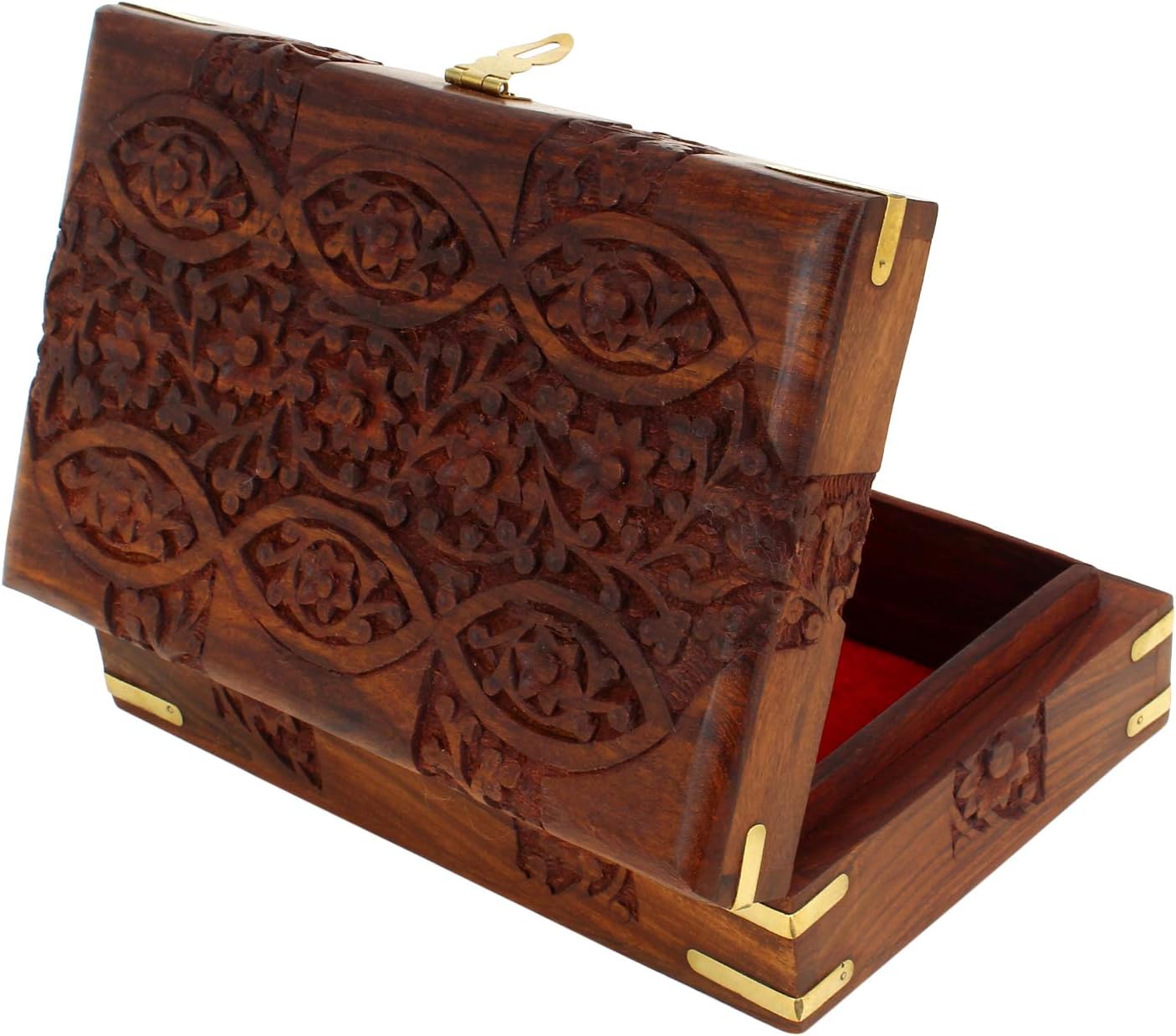 Handcarved Treasure Chest Wooden Decorative Jewelry Storage Box Eye Floral Design / 8 x 5