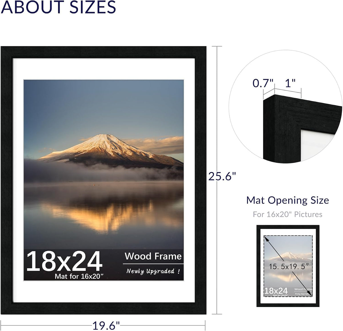 18X24 Poster Frame, Display Pictures 16X20 with Mat or 18X24 without, Wall Hanging Frames, Black, 3 Pack