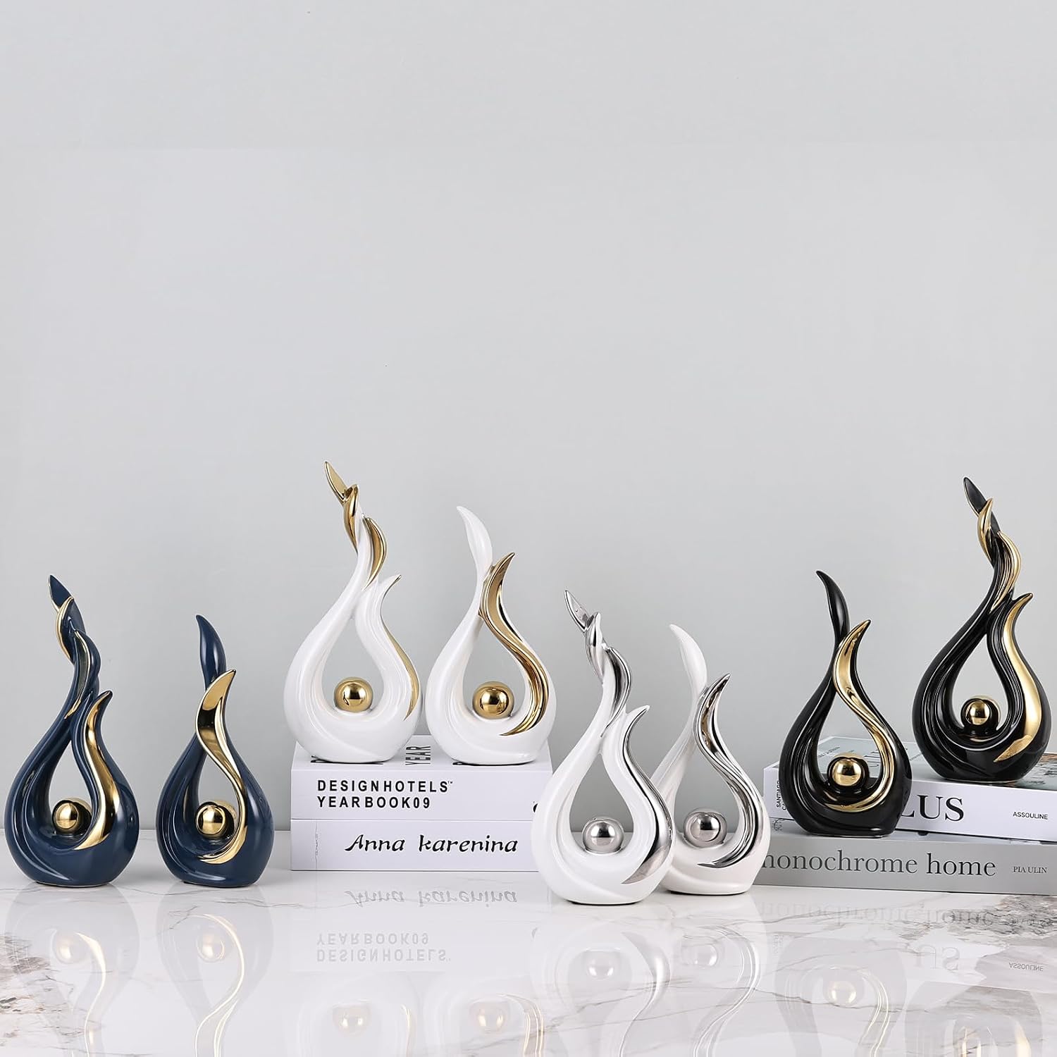 Modern Figurines / Abstract Flame Ceramic Sculpture Set / White Gold / Set of 2