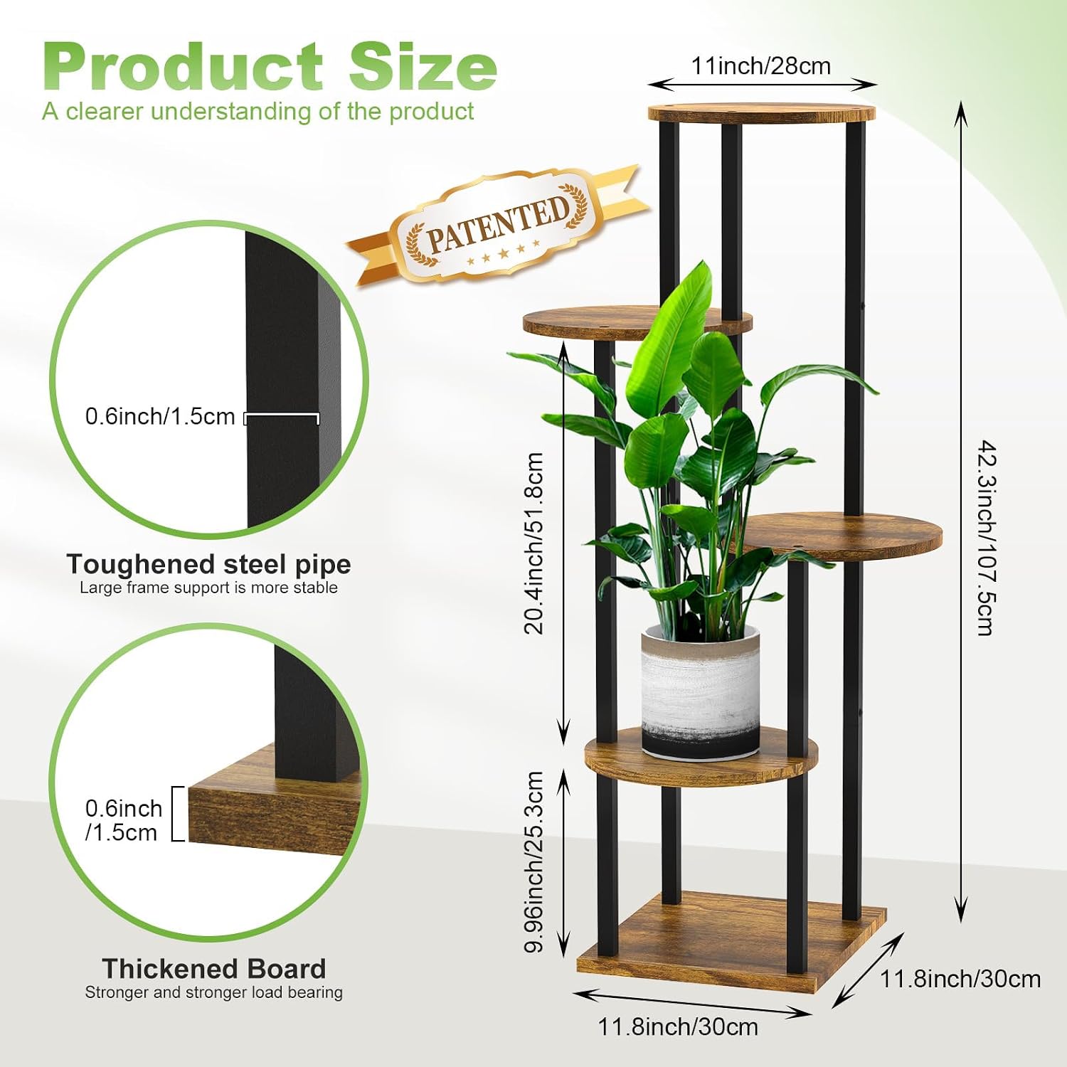 5 Tier Wood Tall Plant Stand Metal Rack Indoor, Multiple Flower Pot Holder Shelves Corner Rack, Round Planter Shelf
