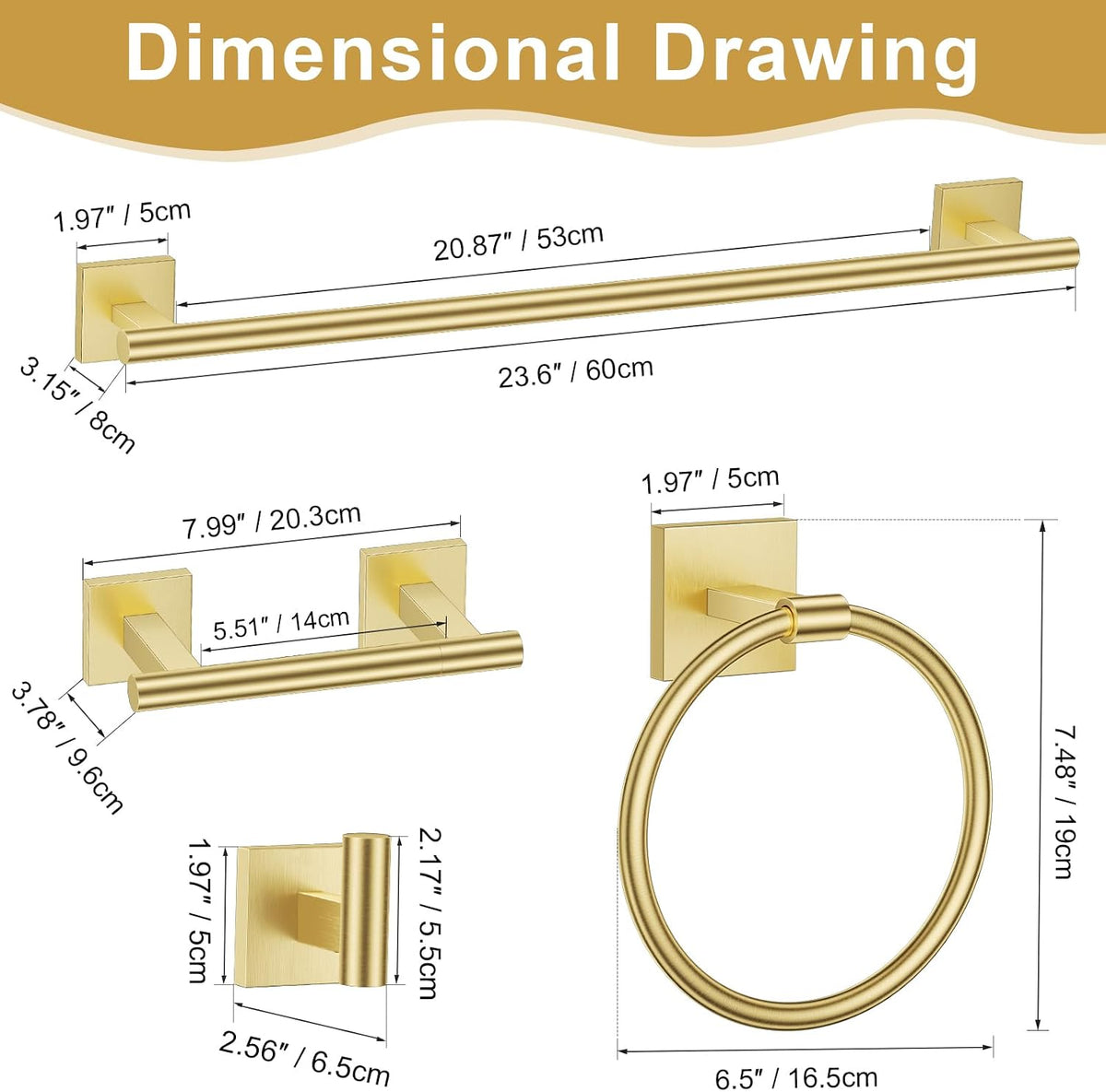 10 Pieces Brushed Gold Towel Bar Set, Double Dase Toilet Paper Holder Bathroom Hardware Set, 23.6 Inch Stainless Steel