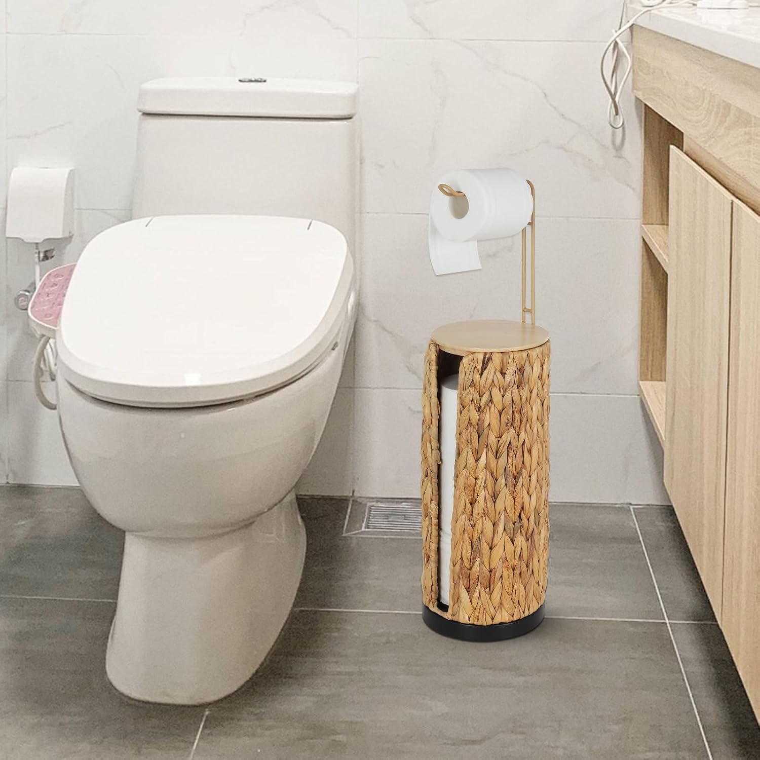 Freestanding Toilet Paper Holder with Storage,3 Rolls of Tissue Holder for Bathroom,Handmade Woven Toilet Paper Roll