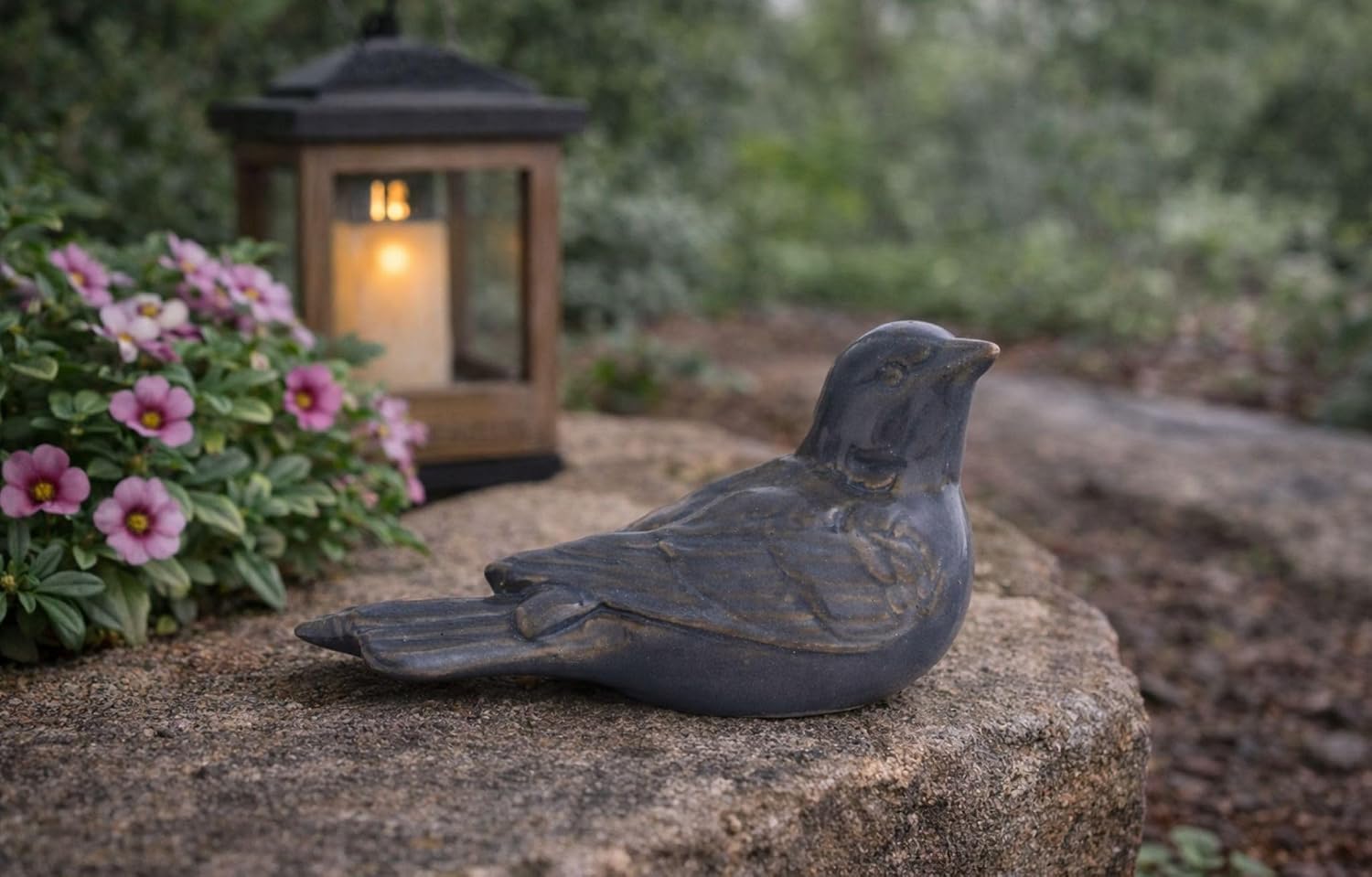 Ceramic Bird Figurine Gray Songbird / Blue