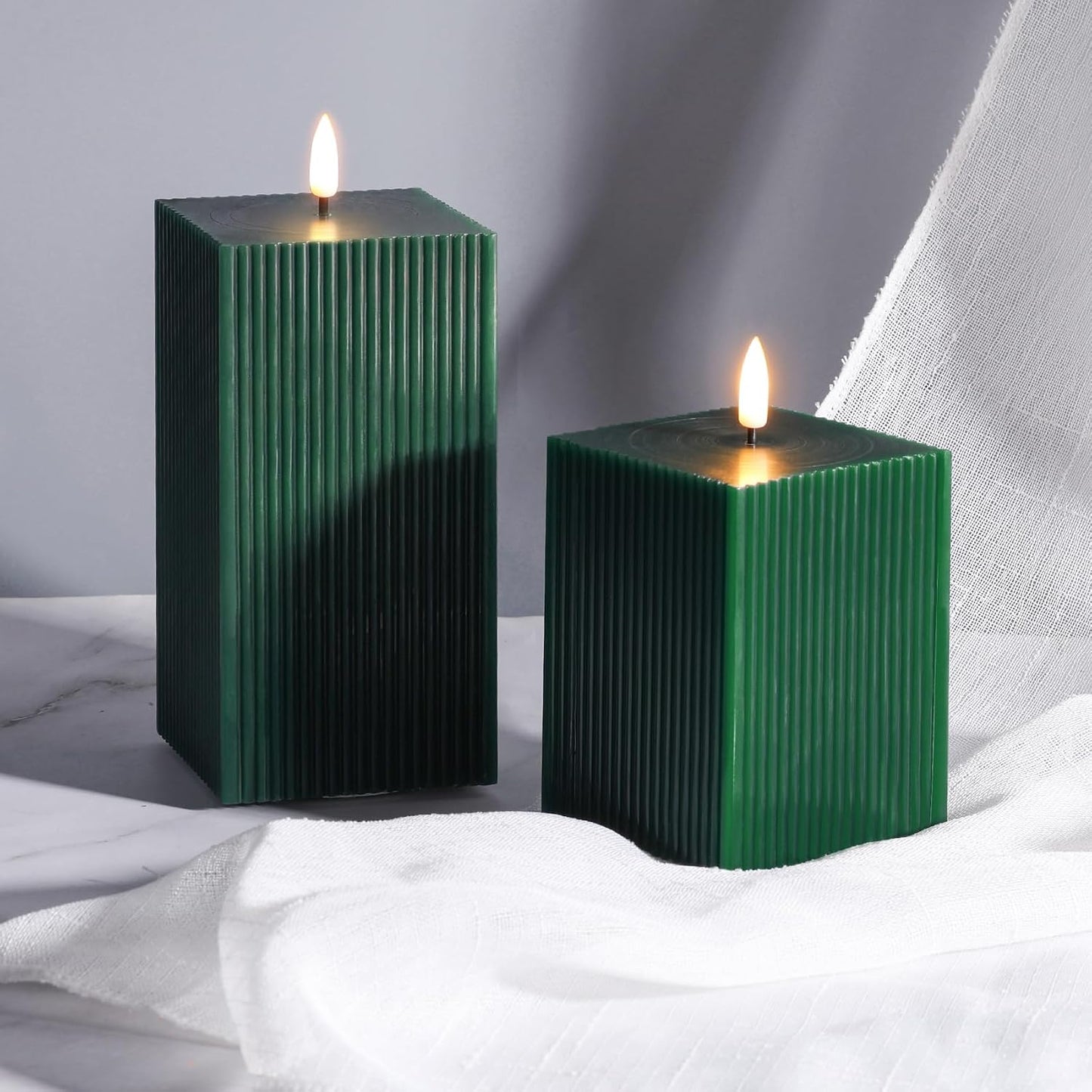 Dark Ribbed Flameless Candles / Green / Set of 2