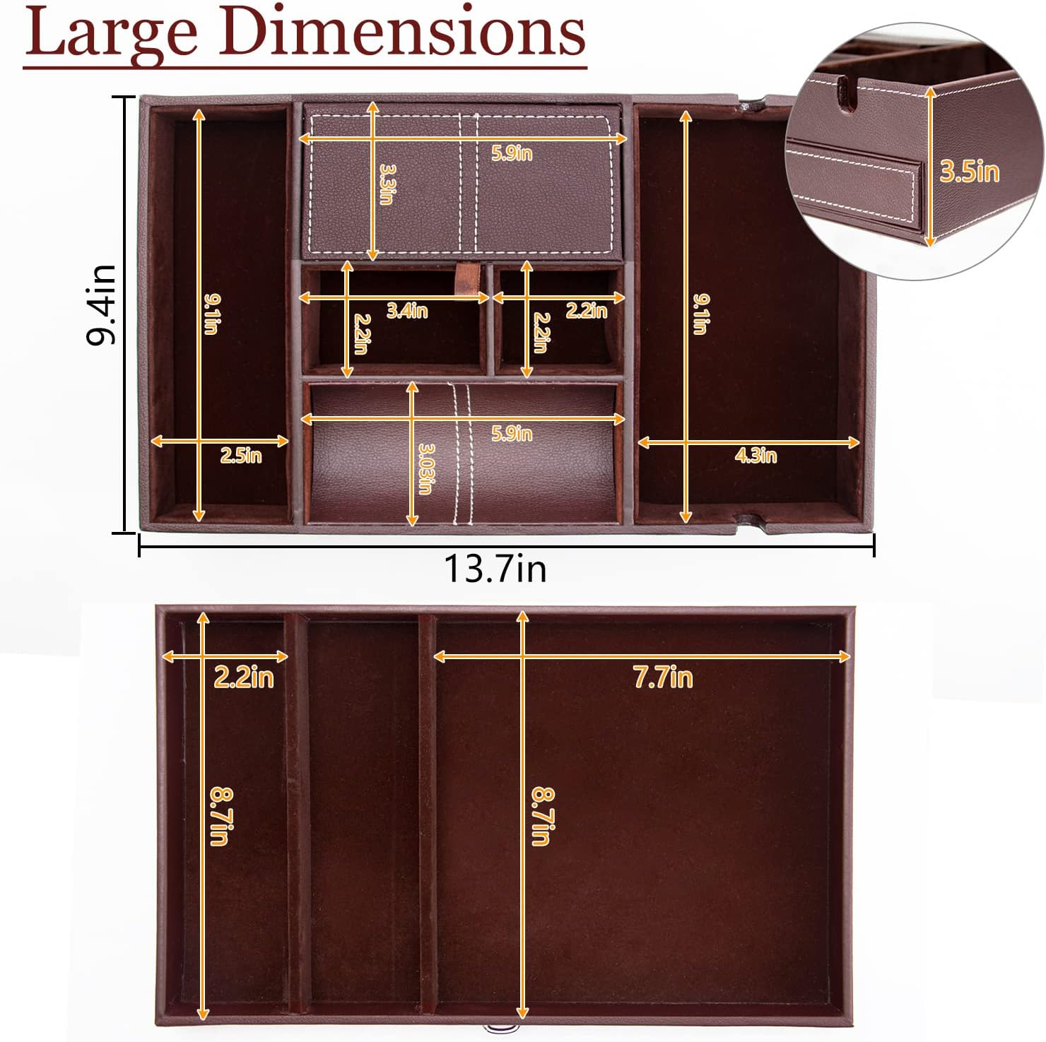 Baoyun Valet Tray for Men, 2 Layers Nightstand Organizers for Men and Women, Leather Jewelry Storage Box, Mens Dresser