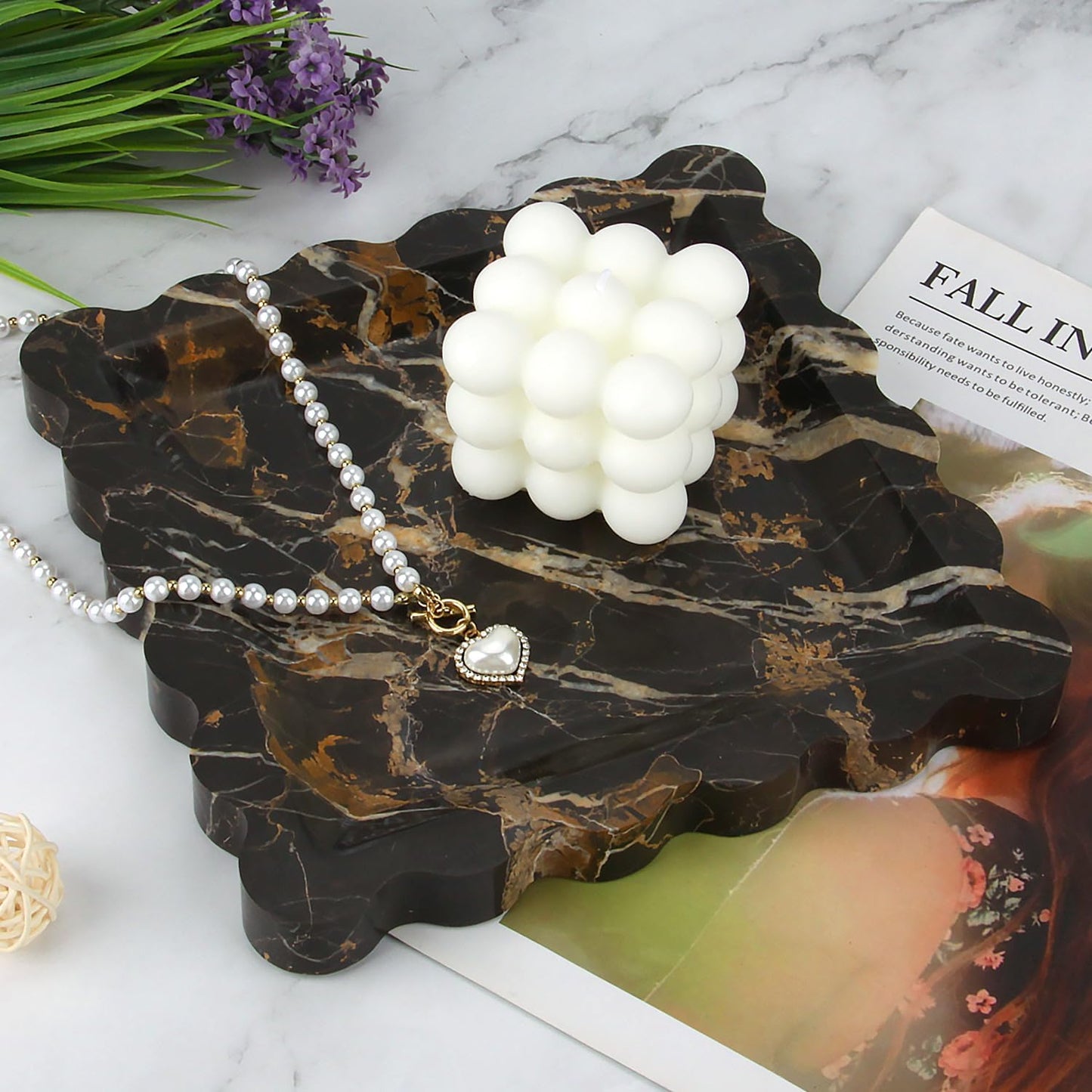 Square Marble Decorative Tray / Black Gold / 8 x 8 x 0.8