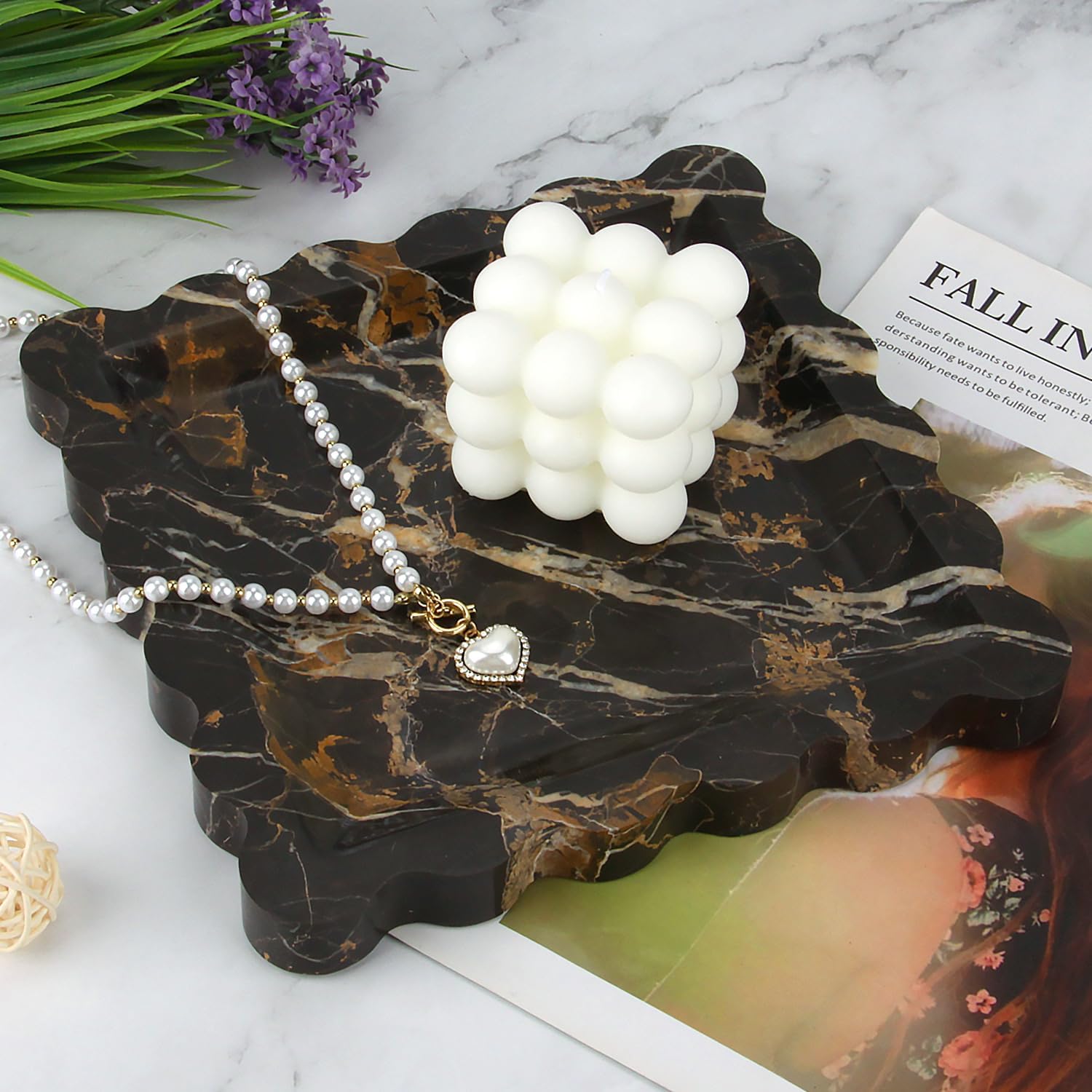 Square Marble Decorative Tray / Black Gold / 8 x 8 x 0.8