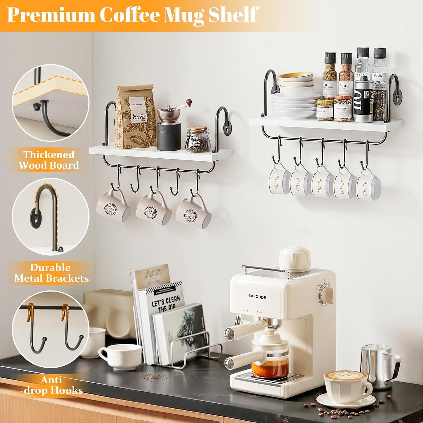 Olakee Floating Wall Shelves for Kitchen Bathroom Coffee Nook with 10 Adjustable Hooks for Mugs Cooking Utensils or