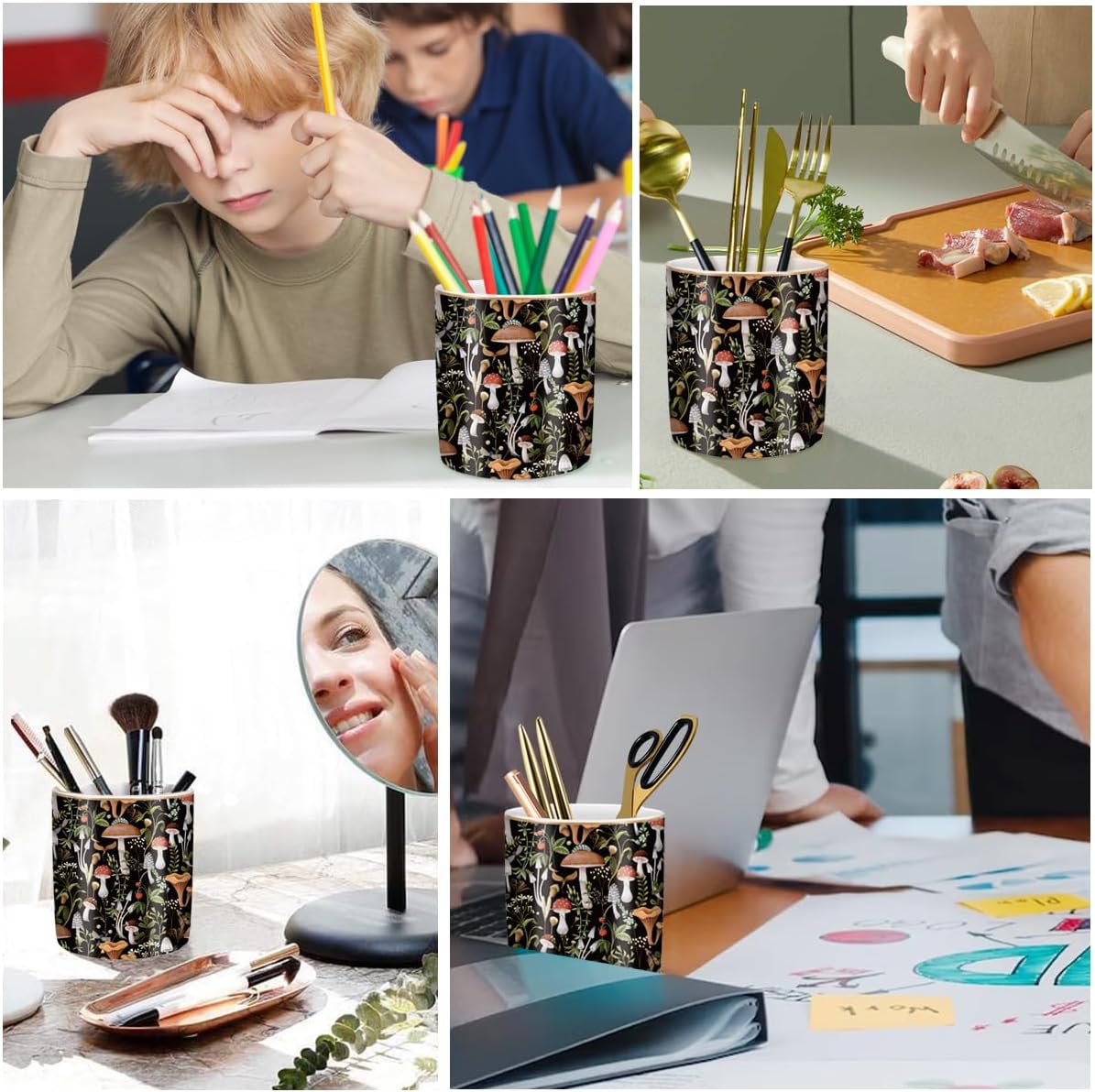 Ceramic Pen Cup Makeup Brush Holder / Mushrooms Pattern
