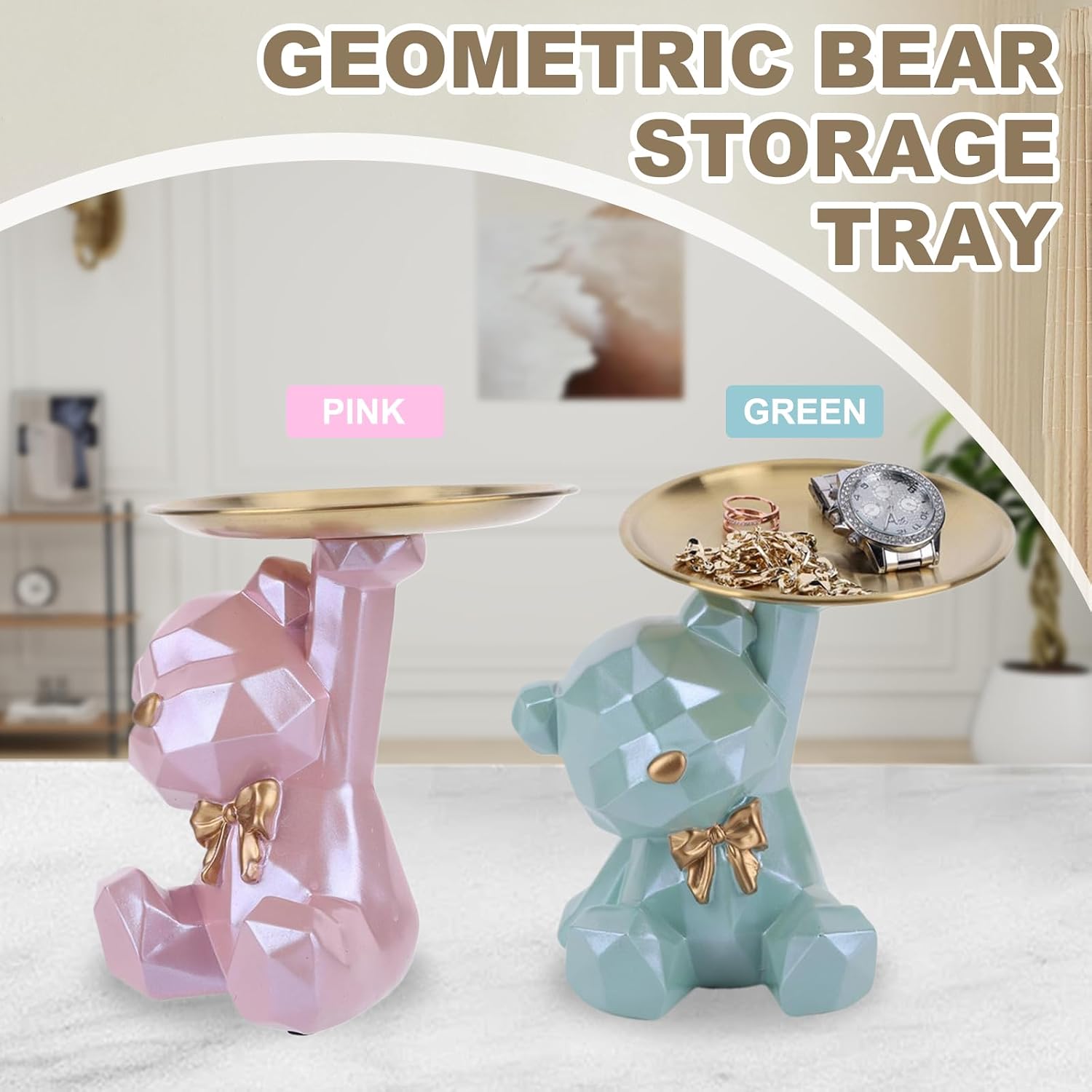 2025 New Geometric Bear Storage Tray Resin Lovely Nordic Bear Sculptures Keys / Shiny Style-pink