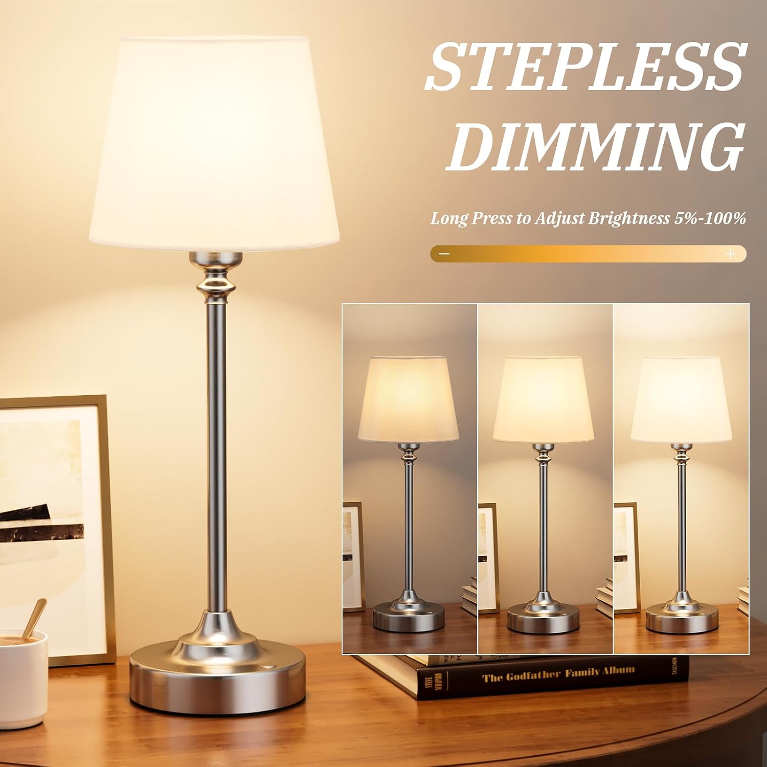 Kakanuo Cordless Table Lamps Rechargeable Set - 2 Pack Silver 4000mAH Battery Operated Lamps for Decor, 3000K Stepless