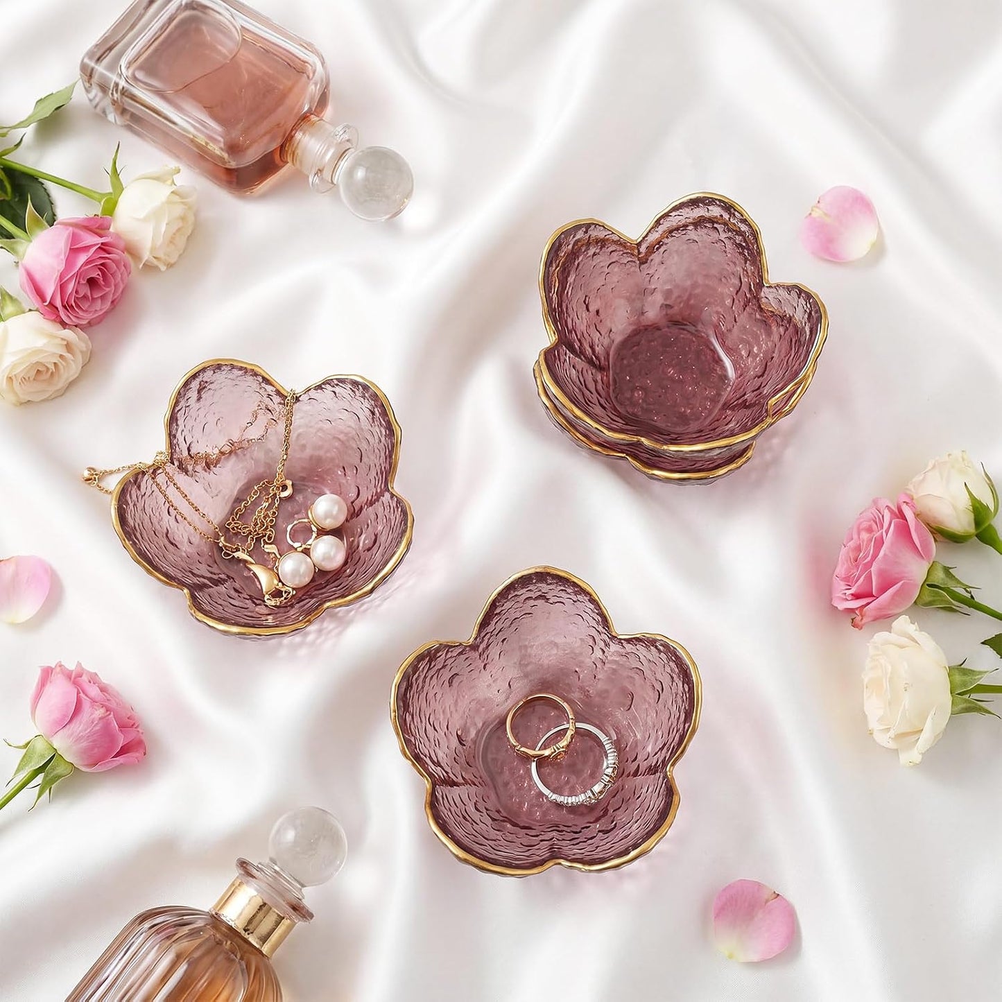 Jewelry Dish Small Flower Ring Holder Trinket Tray for Earrings Key / Purple / Glass / Set of 4