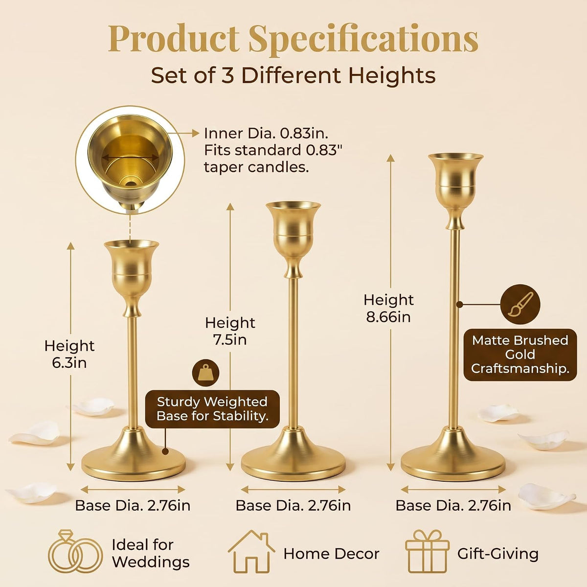 12 Pcs Gold Candlestick Holders, Vintage Metal Candle Holders Taper Candle Stands, Tall Golden Brass Tapered Candle