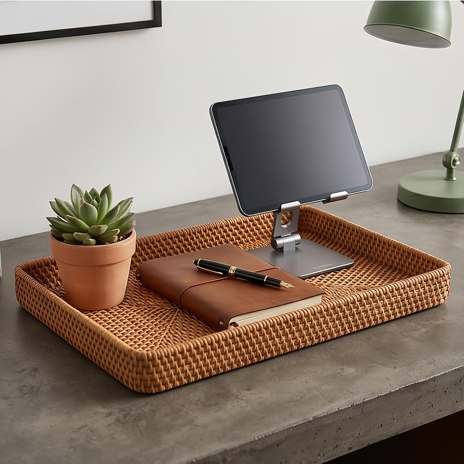 Wicker Storage Basket Rattan Tray Rectangular Wicker Basket Handwoven Organizer Basket Decorative