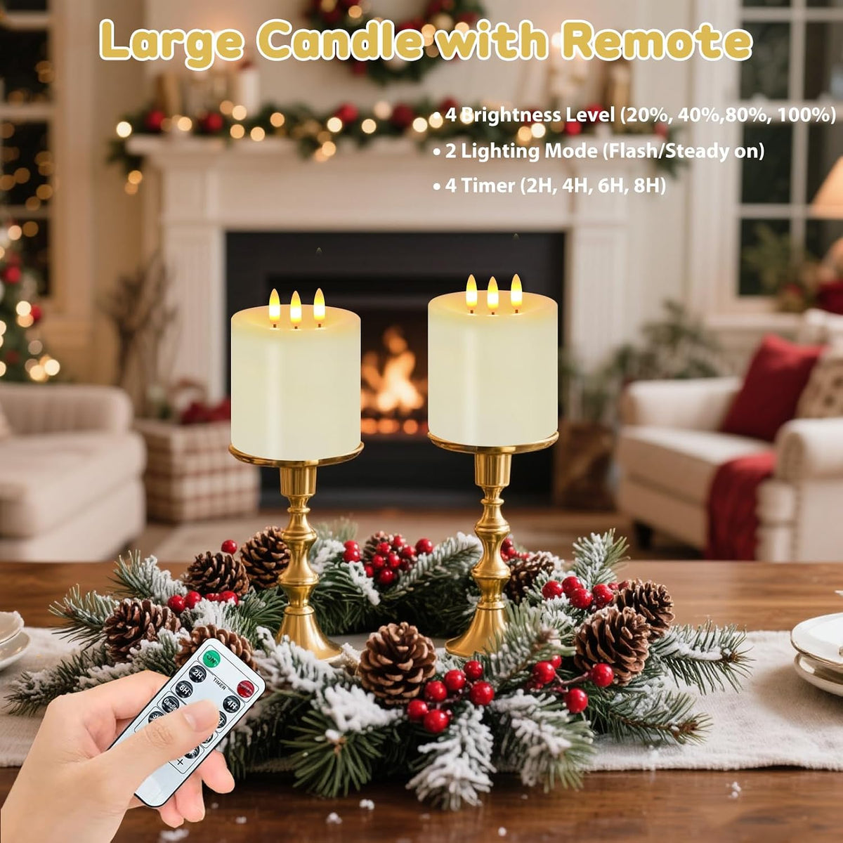 3 Wick Flameless Candles Set of 2, 4"x4" Flickering Large Flameless Candles with Remote & Timer, Dimmable Real Wax
