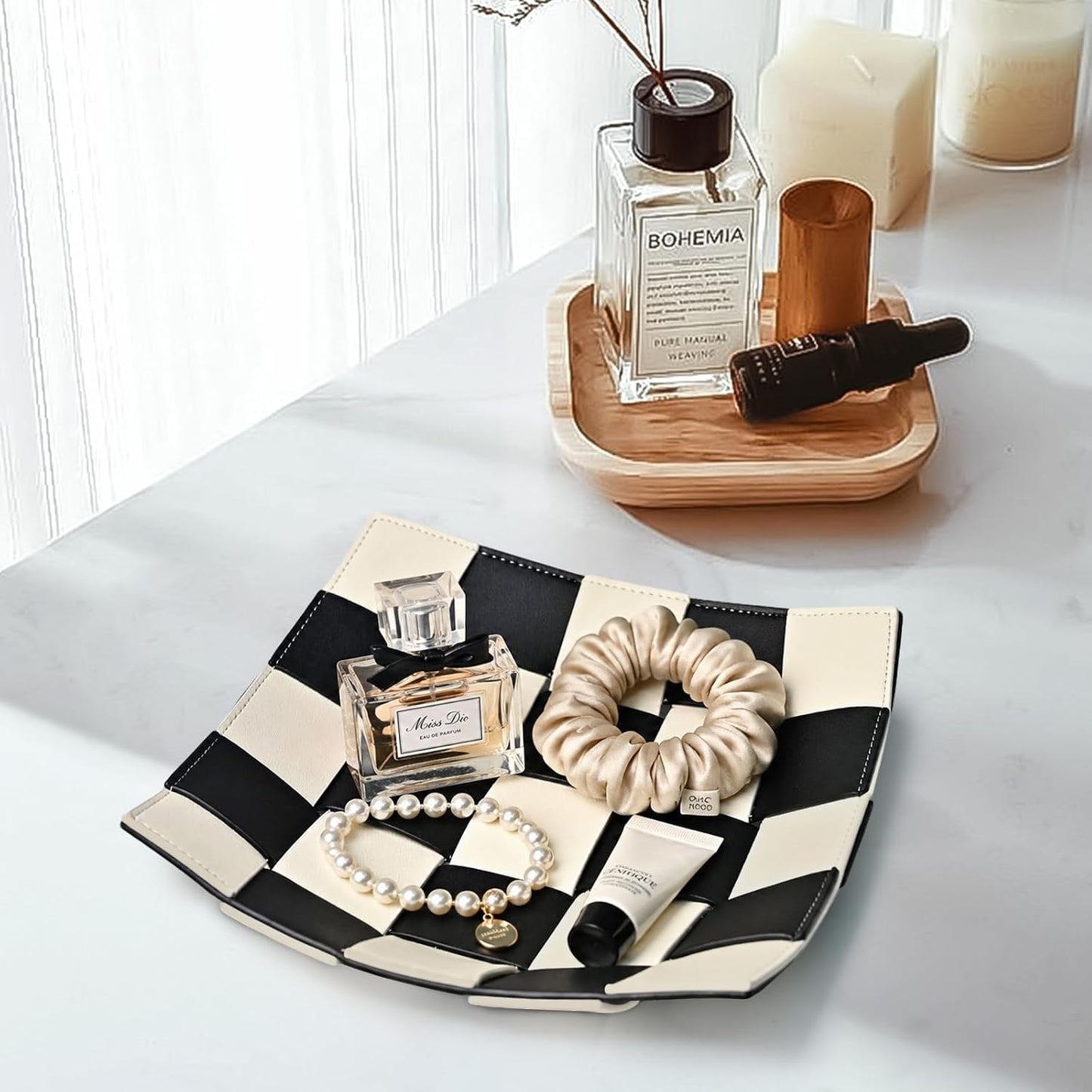 Black and White Checkered Valet Tray PU Leather Key Holder Bowl / Black and White Checkerboard