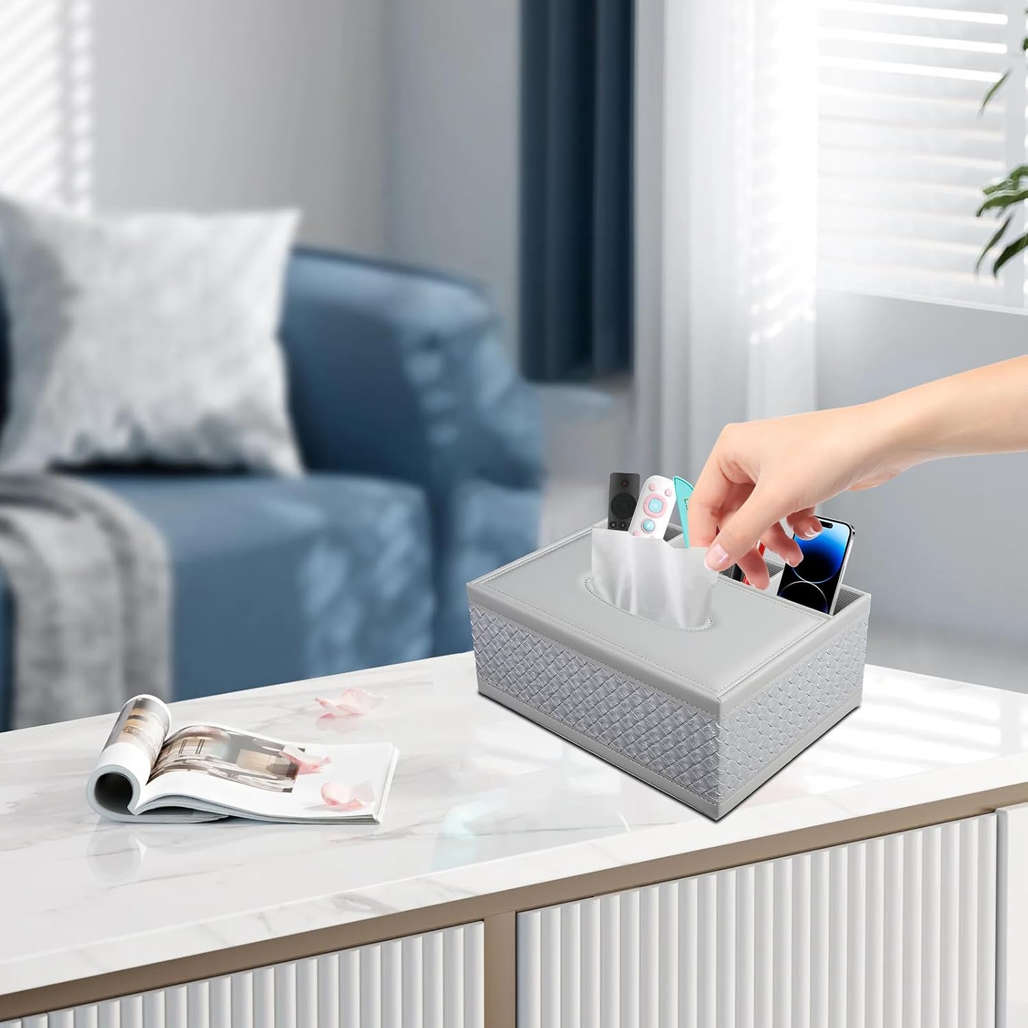 Tissue Box Cover Rectangle White Kleenex Box Holder PU Leather Facial Tissue Organizer,Multifunctional Remote Control