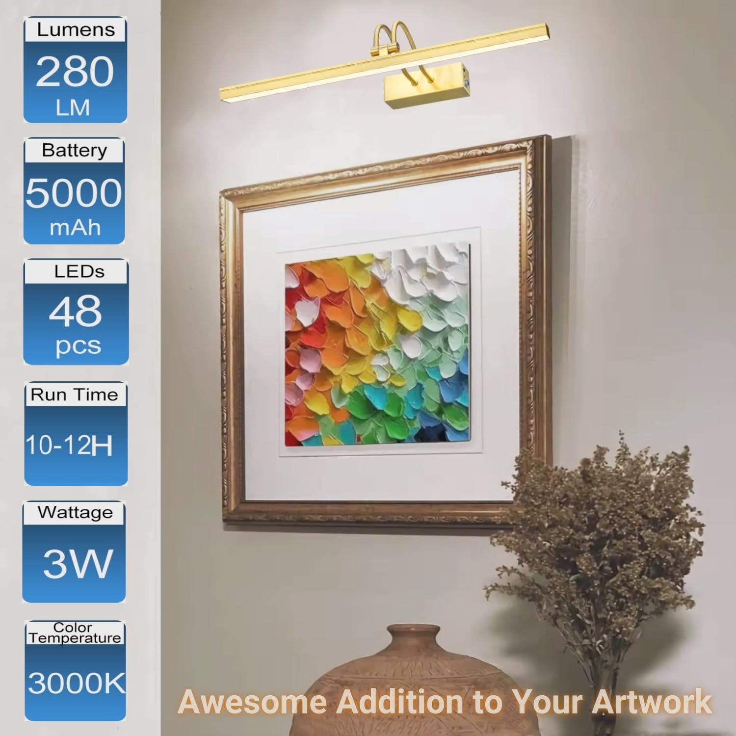 Wireless Picture Light Rechargeable, 16", Brass | 2 Colors, 280LM Dimmable, 5000mAh Battery Operated Wall Light with