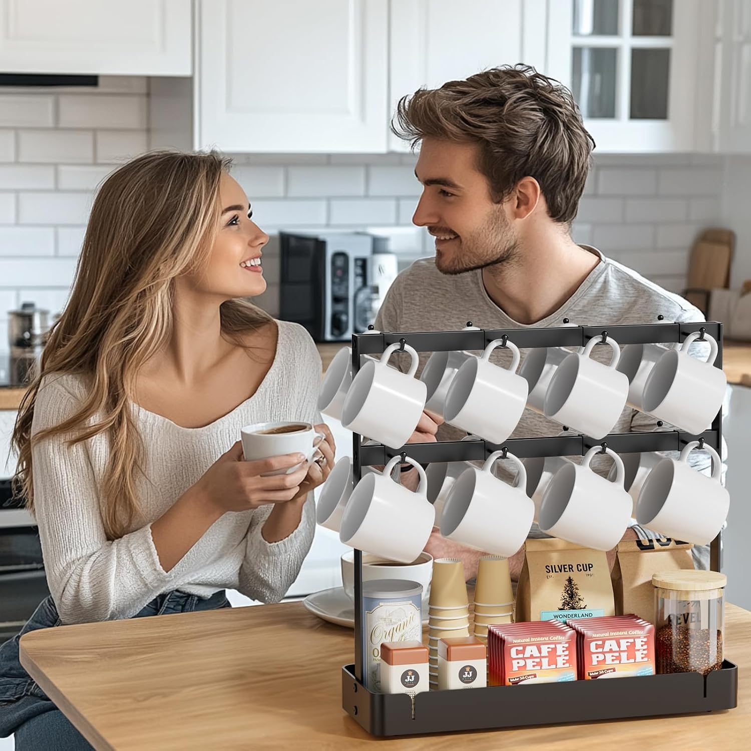 Coffee Mug Holder, 2 Tier Metal Mug Rack with 16 Movable Hooks | Extra Cup Holder for Countertop, Organize Coffee Mugs