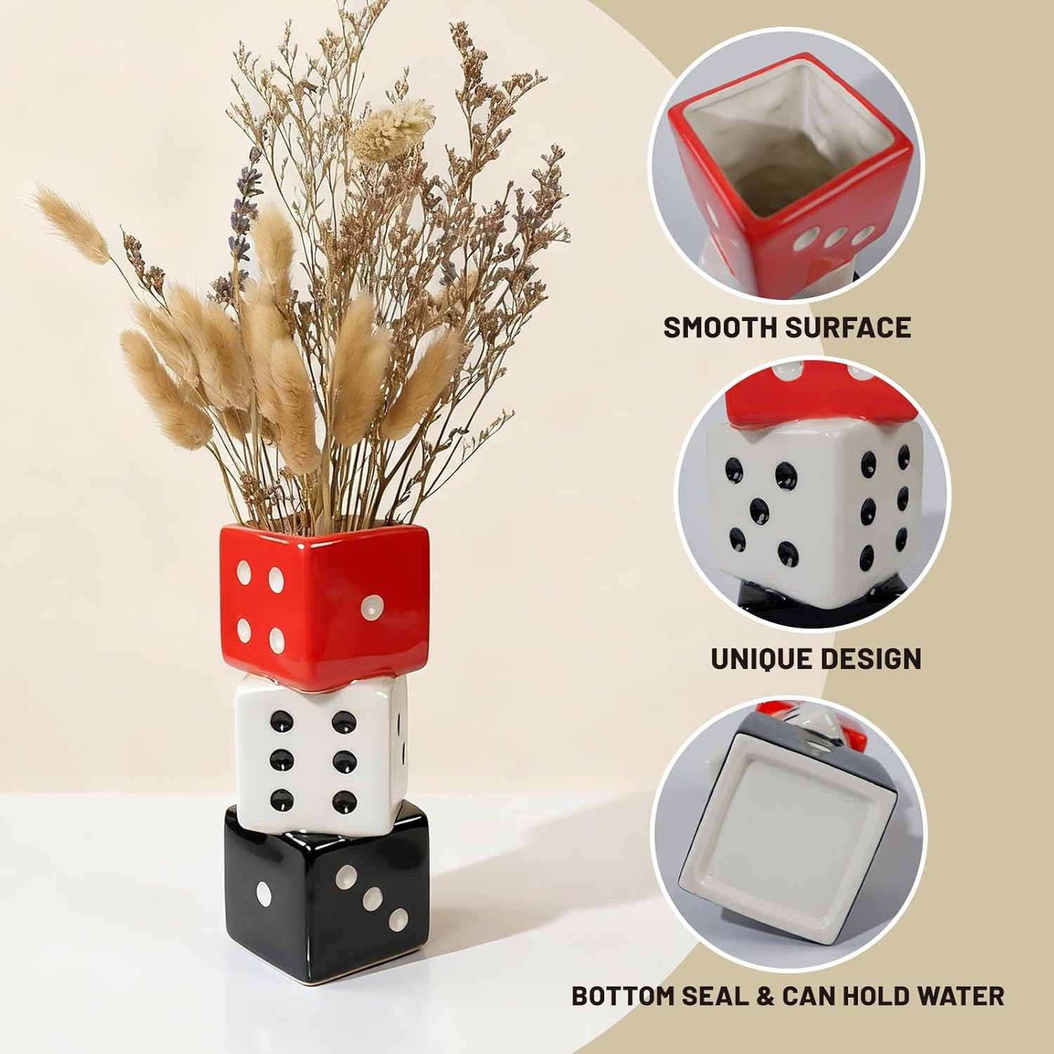Unique Ceramic Small Vase / Red, White and Black Dice Vase