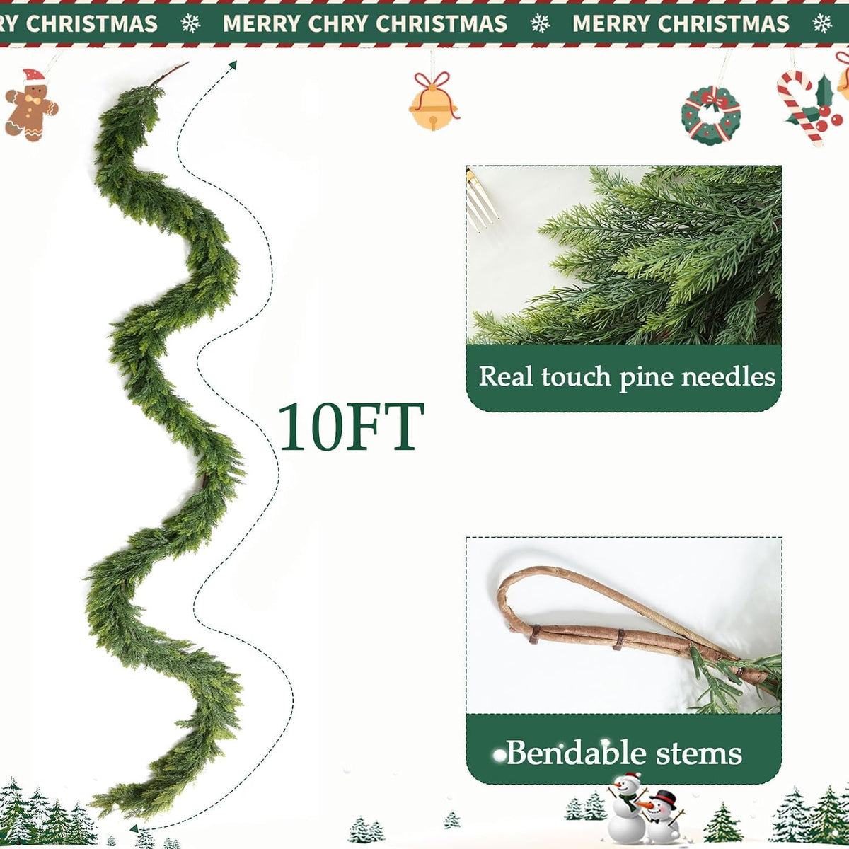MIZII Christmas Garlands 10FT Thick Artificial Pine Garland Real Touch Green Faux Pines Vine Greenery Garland Christmas
