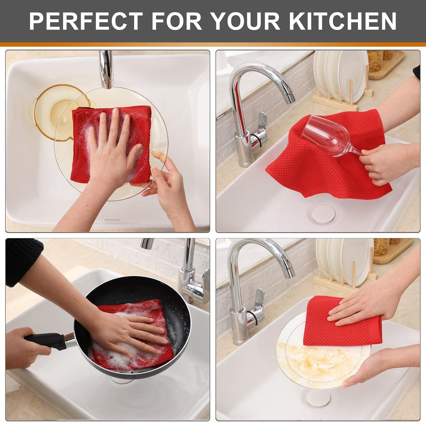 Kitinjoy 100% Cotton Waffle 12-Pack Kitchen Towels, 12" x 12", Red | Ultra Absorbent, Super Soft, lightweight, Quick