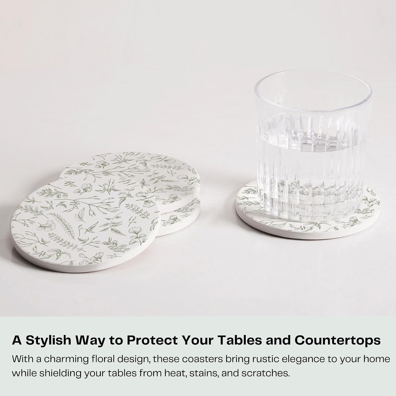 Holder / Absorbent Ceramic Drink Coasters / Sage and White / Set of 6