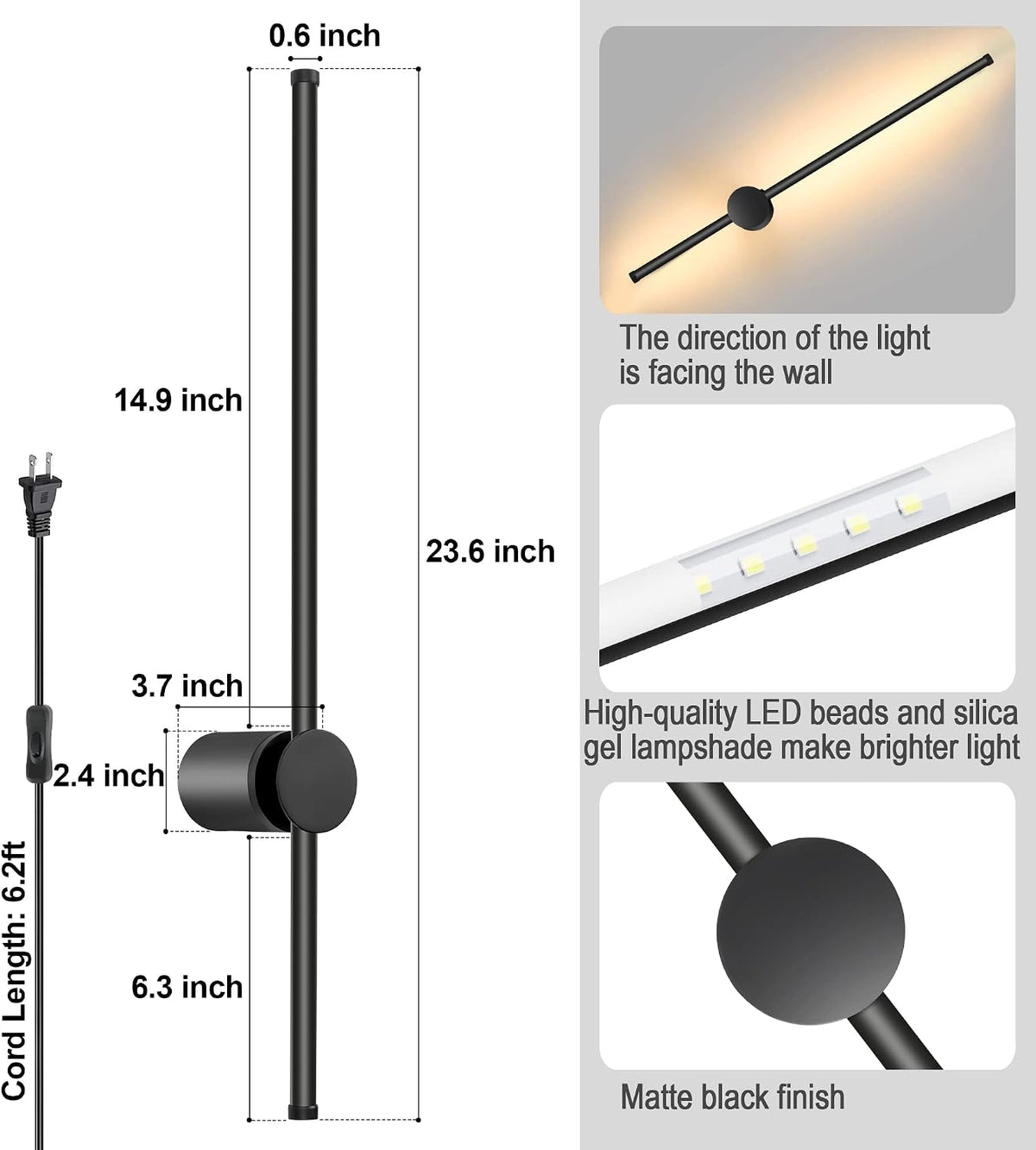GOODATE Wall Sconces Set of Two with Remote, Stepless Colors 3000K-6500K & Stepless Dimming, Hardwire or Plug-in, 180°