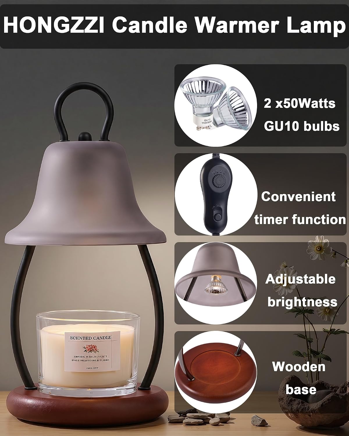 Candle Warmer Lamp with Timer, Dimmable, Adjustable Height, Black | 2 bulbs included, no flame needed, 1-year warranty