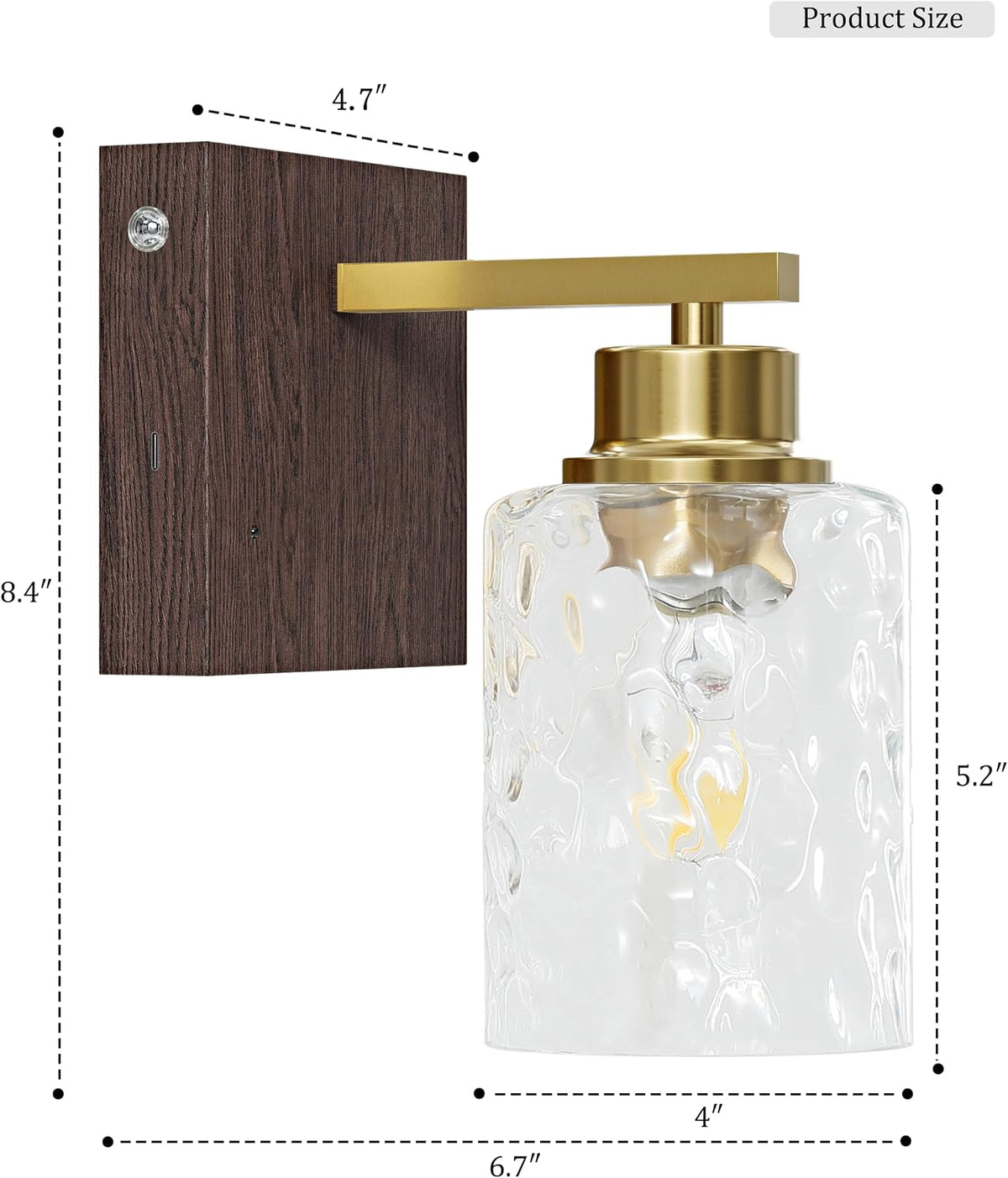Hammered Glass Battery Operated Wall Sconces Set of Two Gold & Walnut | Dimmable Rechargeable Wall Lights with Remote