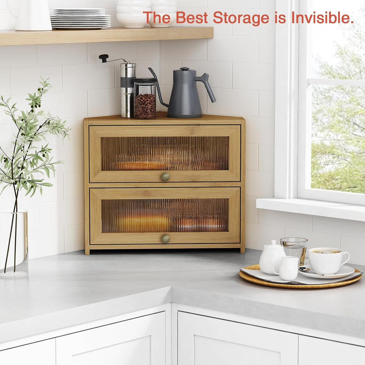 Goozii Corner Bread Box for Kitchen Countertop, Double Layer Bamboo Wood Breadbox for Homemade Bread, 2 Door Roll up