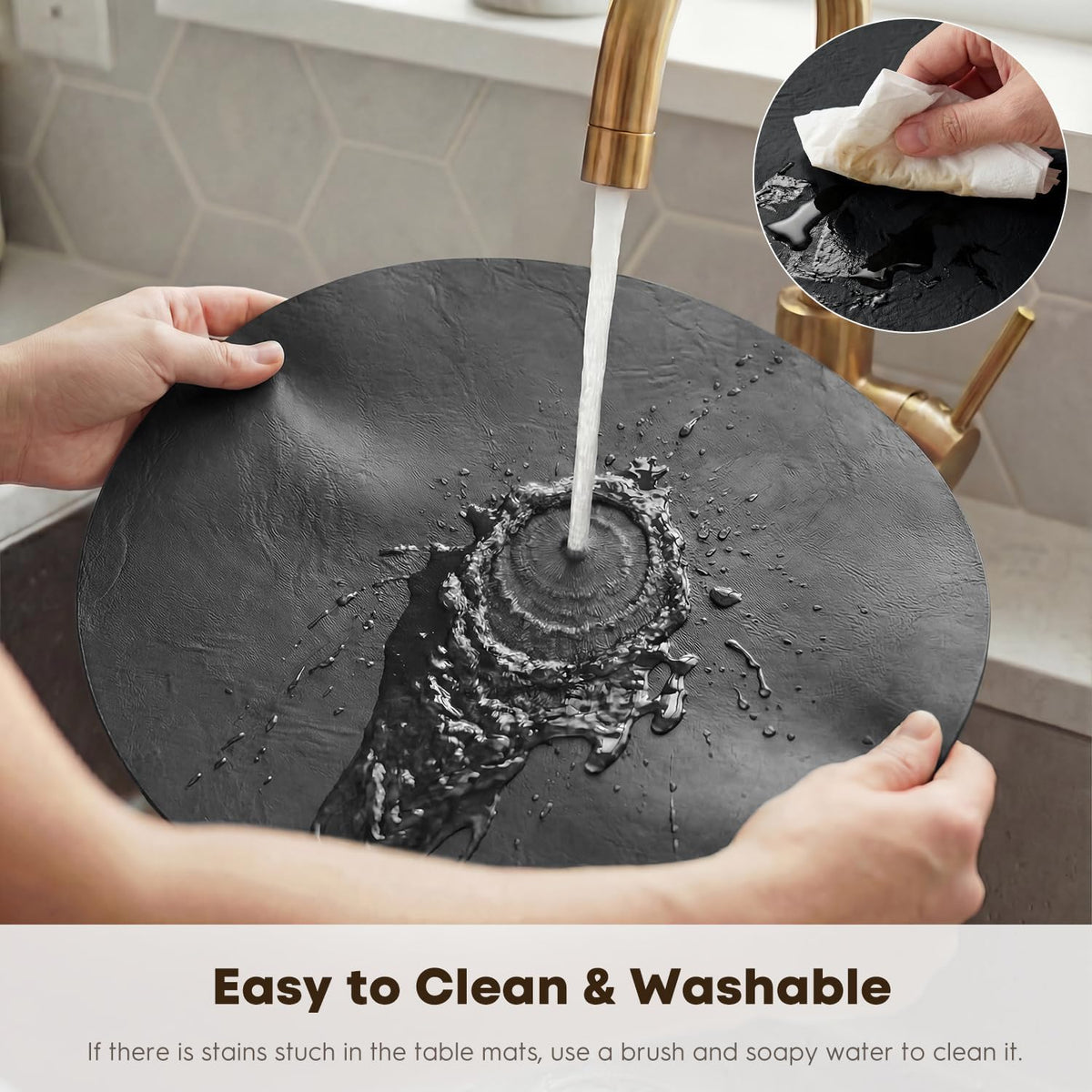 Artoid Mode Black Faux Leather Placemats Set of 8, 15 Inch Waterproof Wipeable Heat Resistant Vinyl Halloween Place