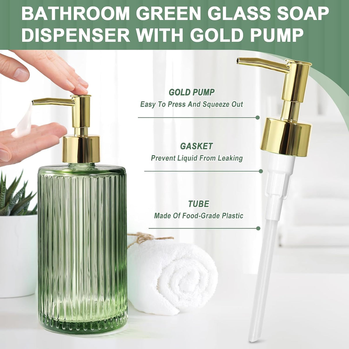 Green Bathroom Accessories 5 Pcs, Glass Bathroom Accessory Set, Vintage Green Bathroom Set, Sage Green Soap Dispenser