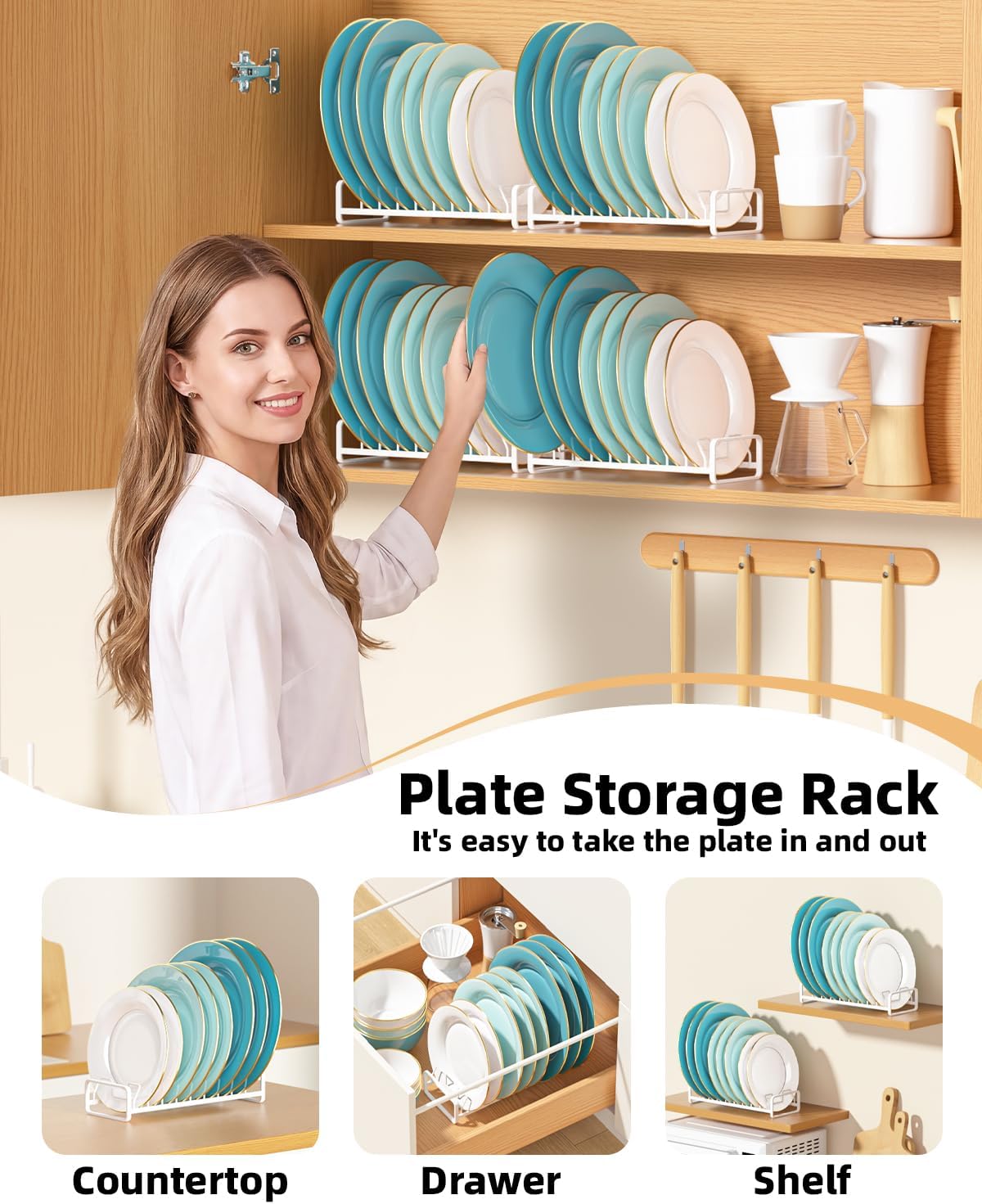 Plate Organizer for Cabinet -2Pack,Dish Rack Organizer for Cabinet Kitchen Countertop Drawer Space Saver，8 Slots